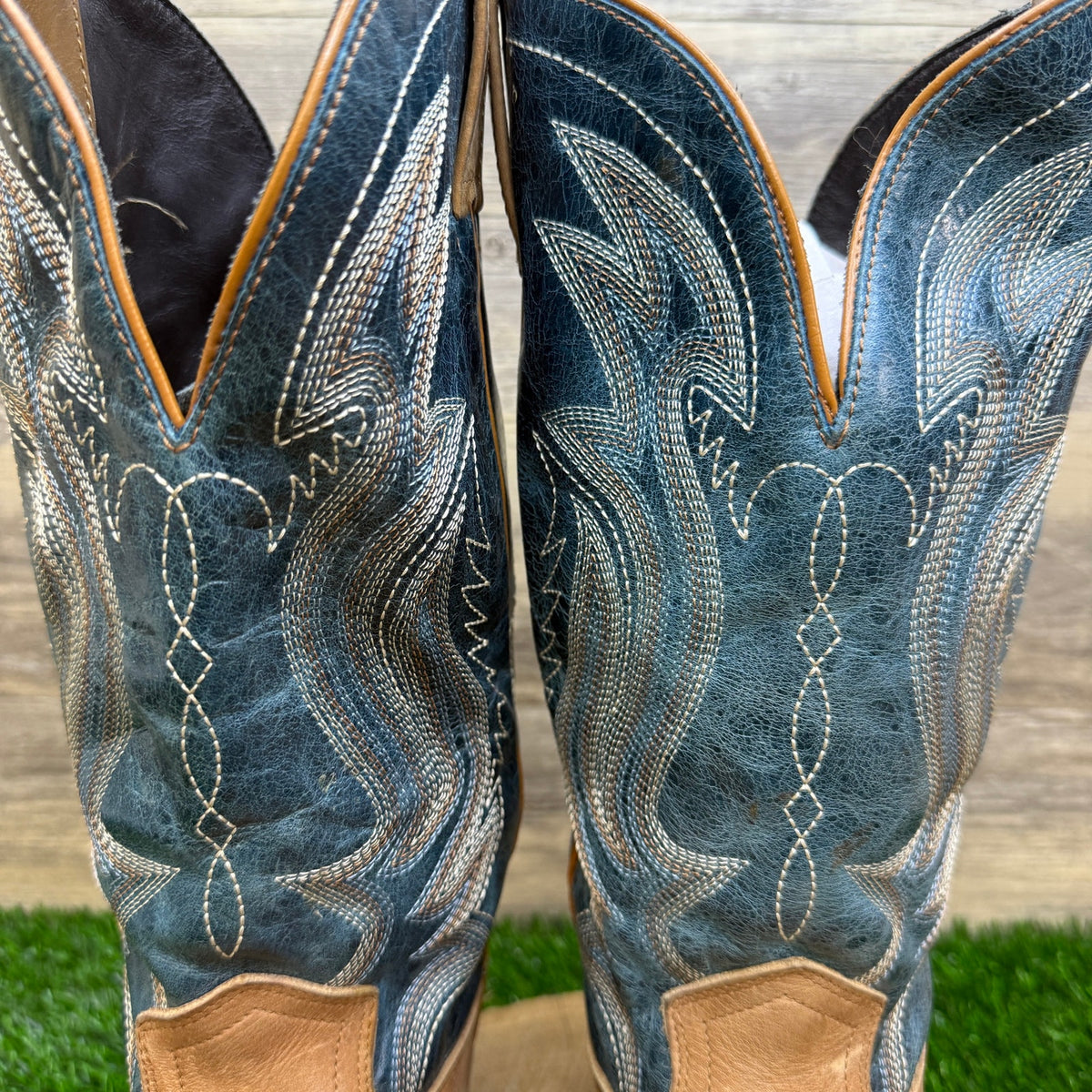 JB Dillon Men - Size 12B - Tan/Blue Flame Square Toe Cowboy Boots Style JBR2111
