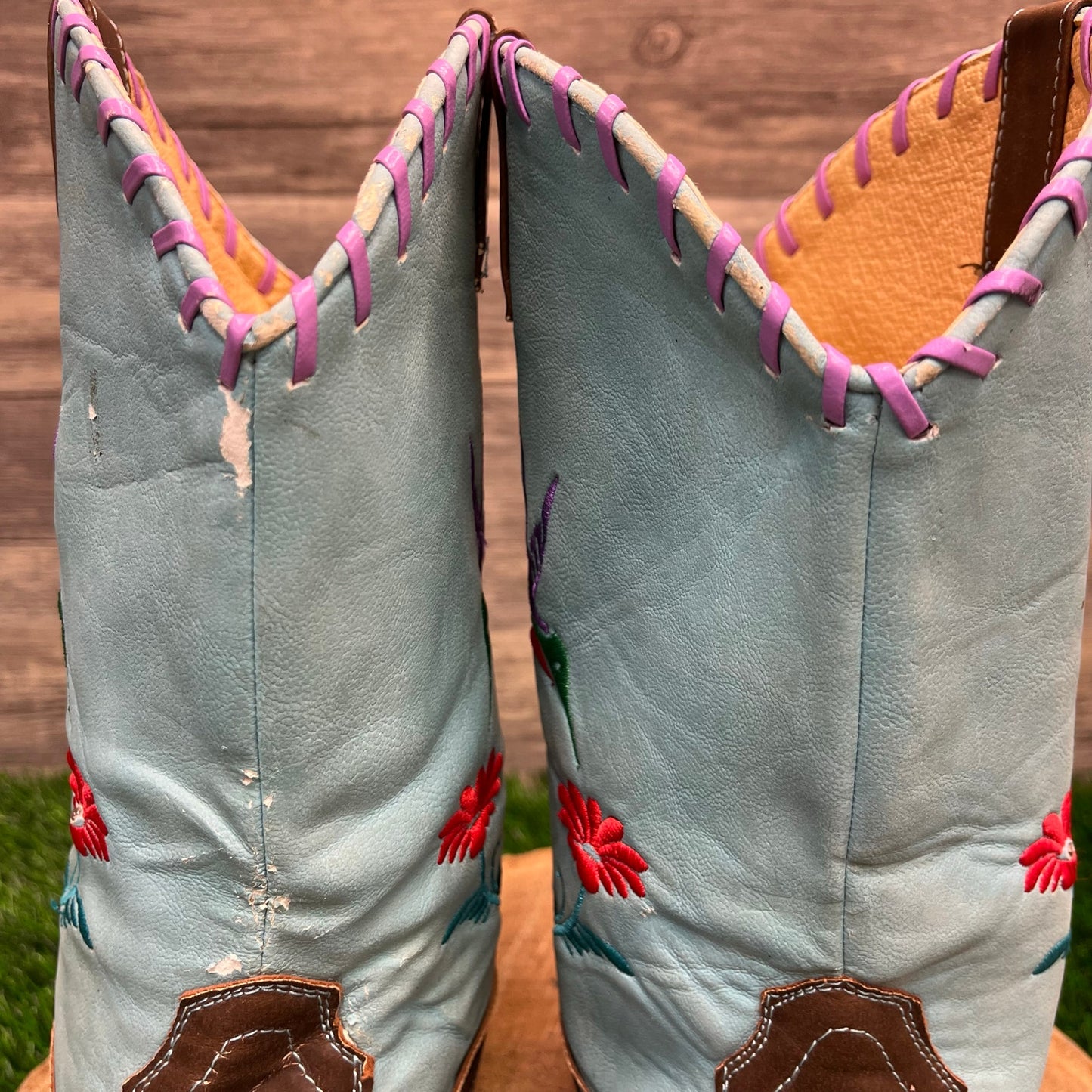 Unknown Youth - Size 2.5 - Brown/Blue Light Up Faux Leather Cowboy Boots 1168