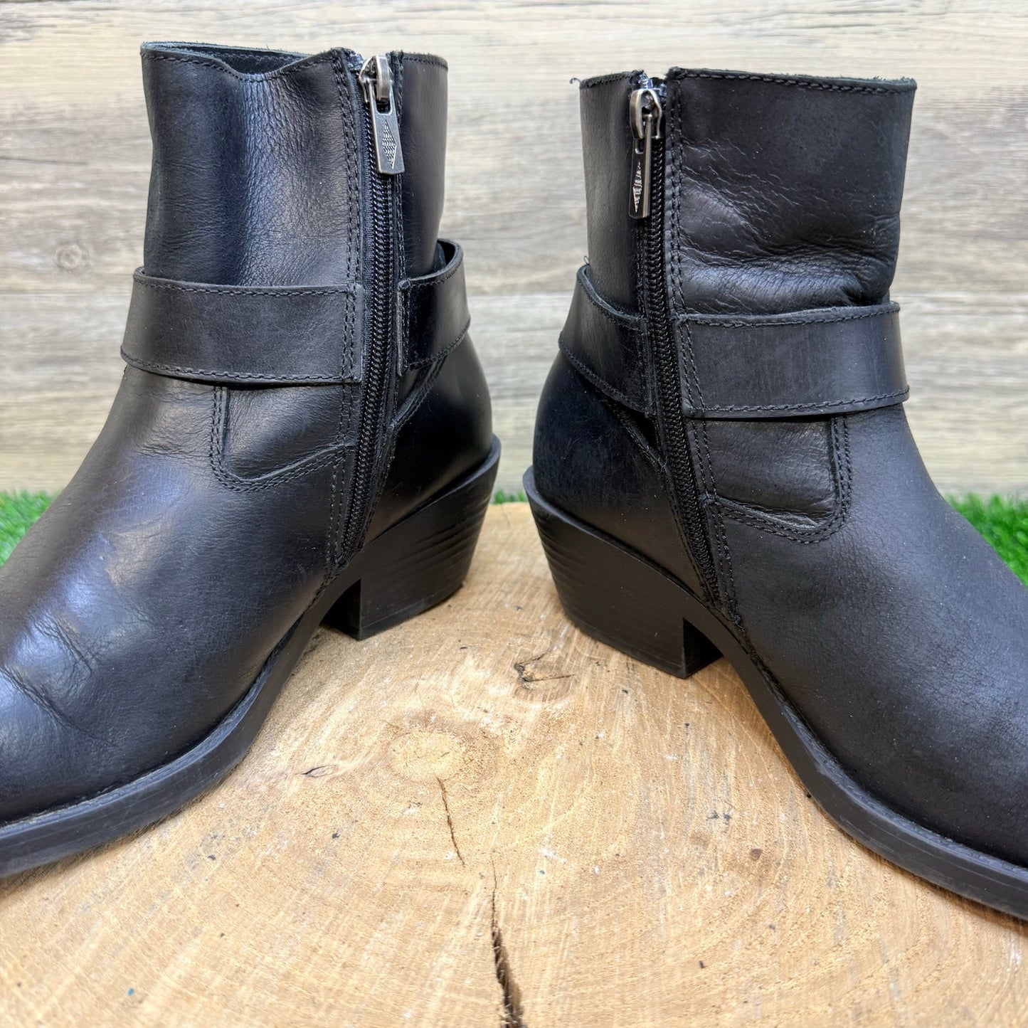 Sun and Stone Women - Size 8 - Black Harness Square Toe Ankle Zipper Boots