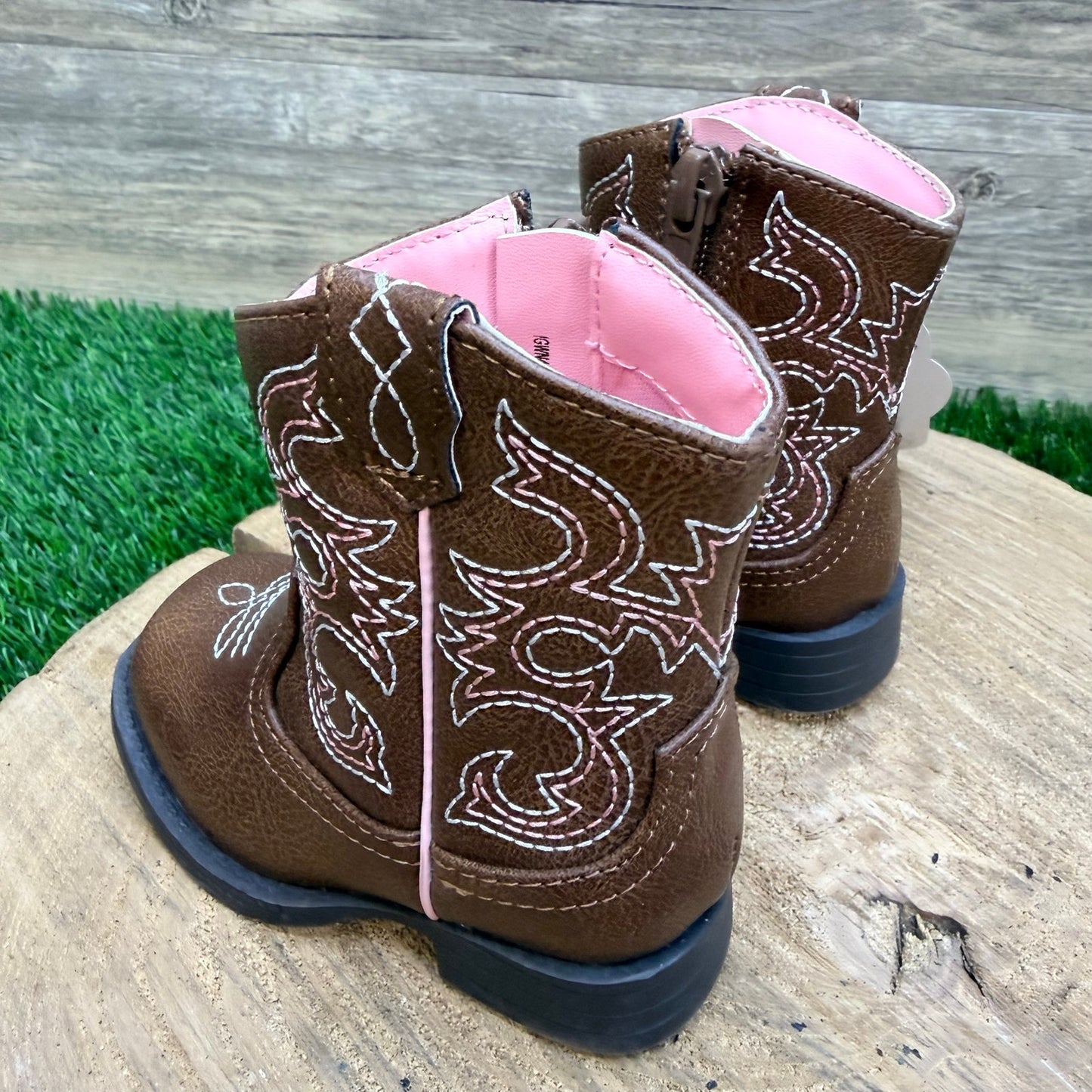 NEW Wonder Nation Youth - Size 4 - Brown / Pink Faux Leather Cowboy Boots