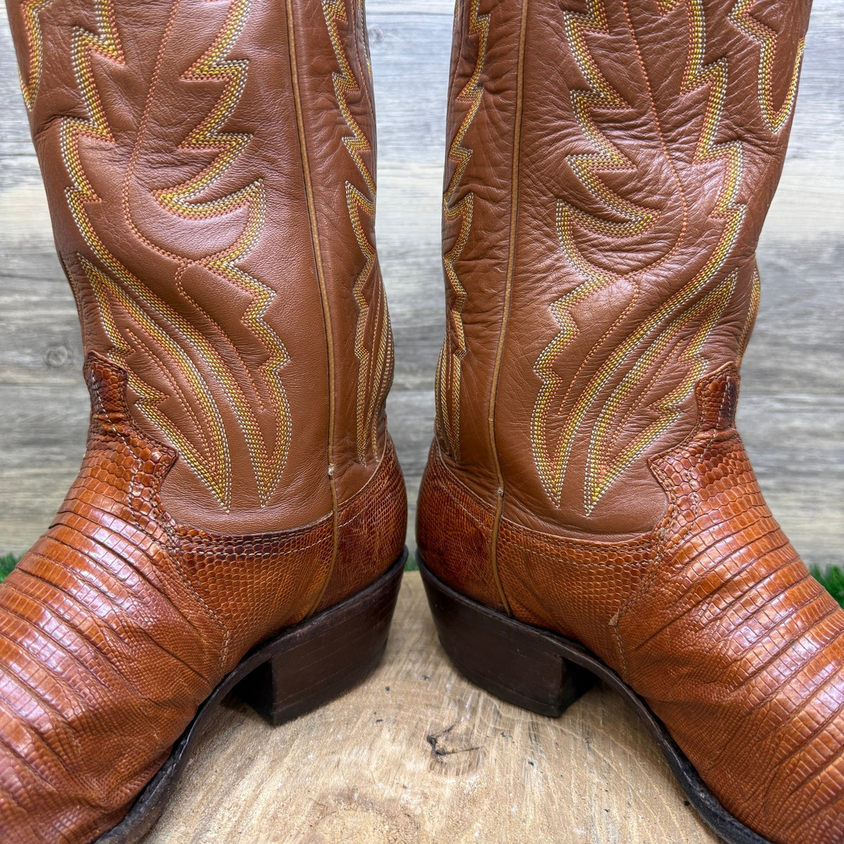 Justin Men - Size 7.5E - Vintage Cognac Lizard Western Cowboy Boots Style 8303