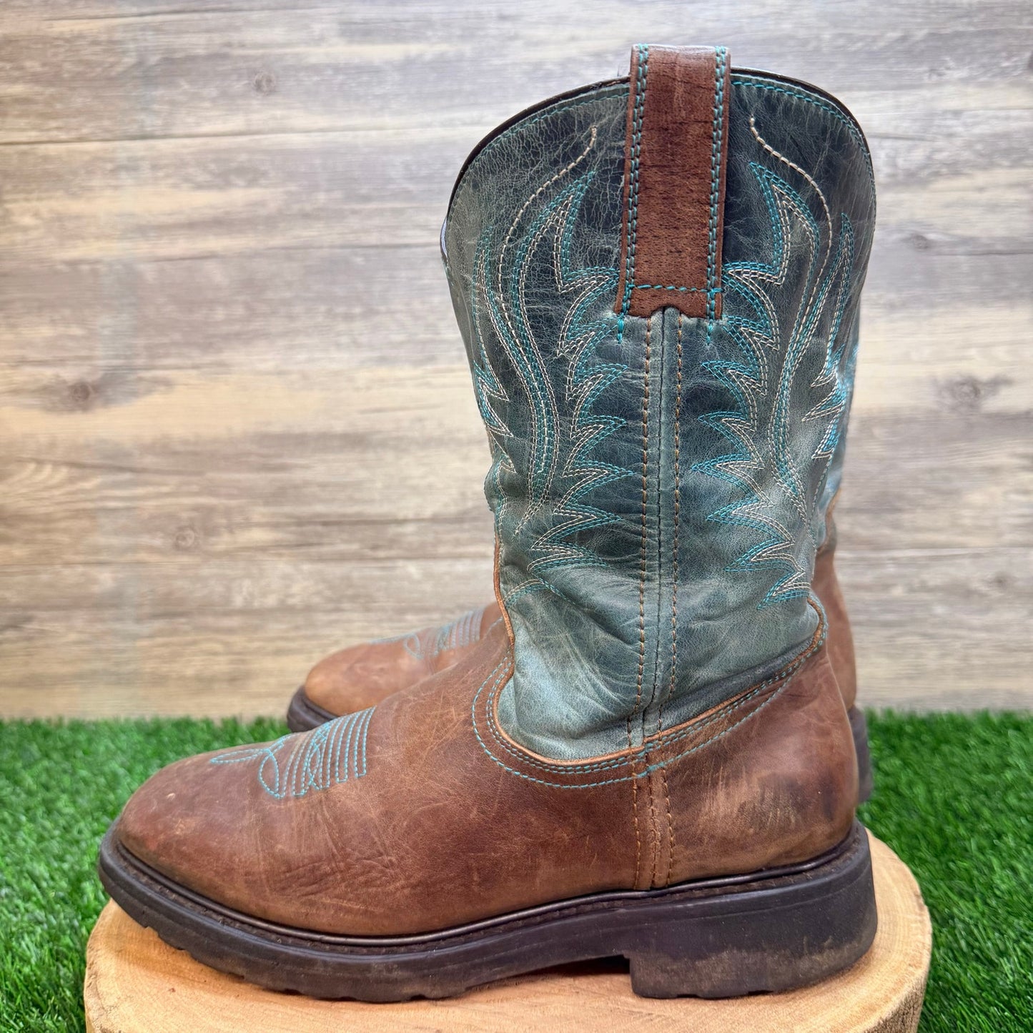JB Dillon Men - Size 9D - Brown/Green Square Toe Western Cowboy Boots JBR1115D