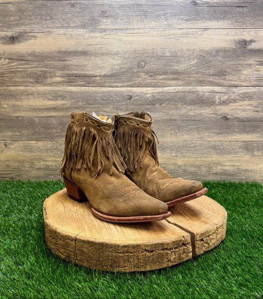 JB Dillon Women - Size 6.5B - Tan Suede Fringe Ankle Cowboy Boots JBW2242