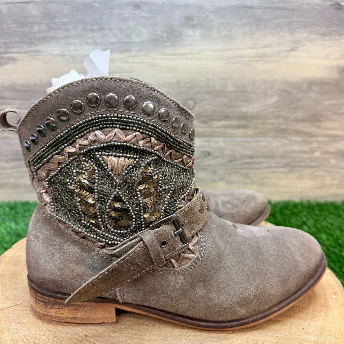 Naughty Monkey Women - Size 8 - Beige Buckled Stud Ankle Boots