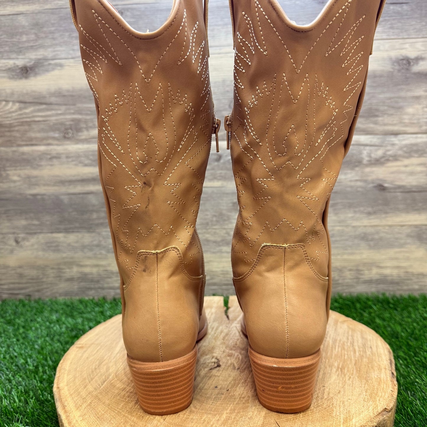 Unknown Women - Size 6.5 - Tan Faux Leather Zipper Cowboy Boots