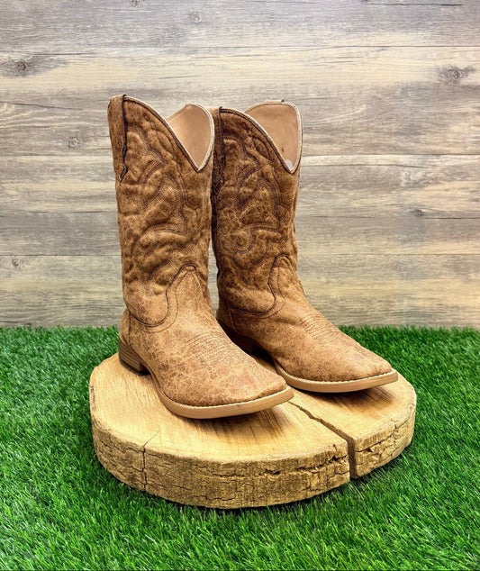 Roper Youth - Size 6 - Dist Tan/Orange Stitch Faux Leather Square Cowboy Boots