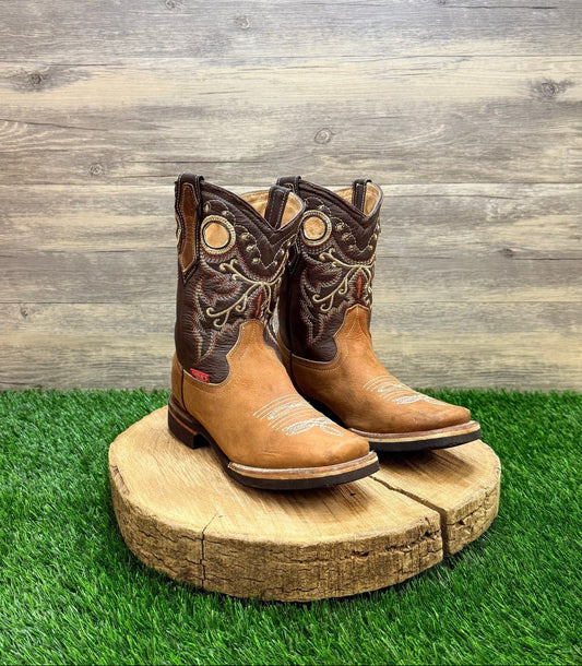 Carlos Youth - Size 2 - Tan / Brown Square Toe Cowboy Boots 75722