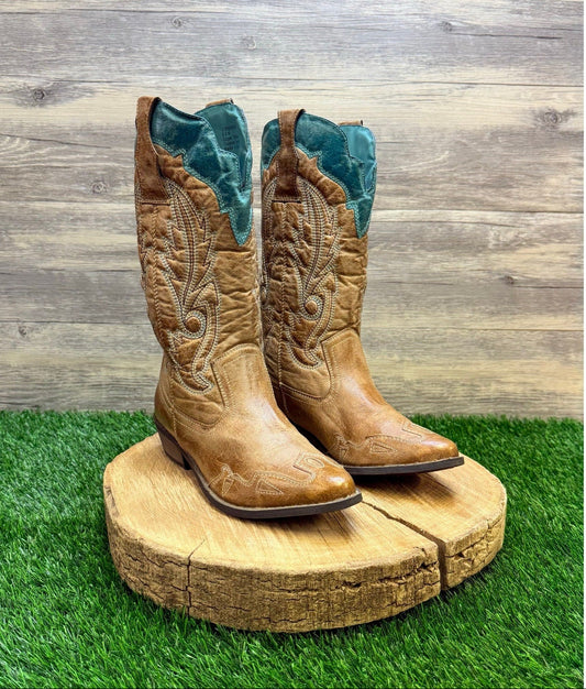 Coconuts Women - Size 6.5M - Tan / Turquoise Soft Faux Cowboy Boots Cimmaron