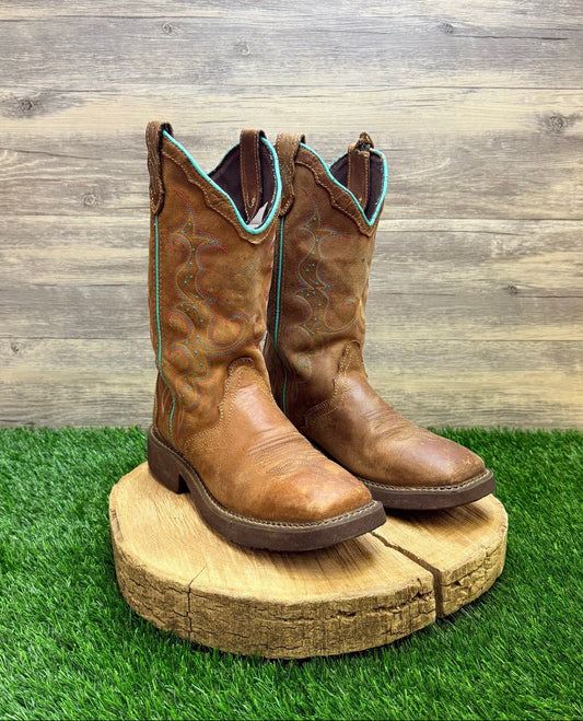 Justin Women - Size 9B - Tan / Blue Square Toe Gypsy Cowboy Boots L2900