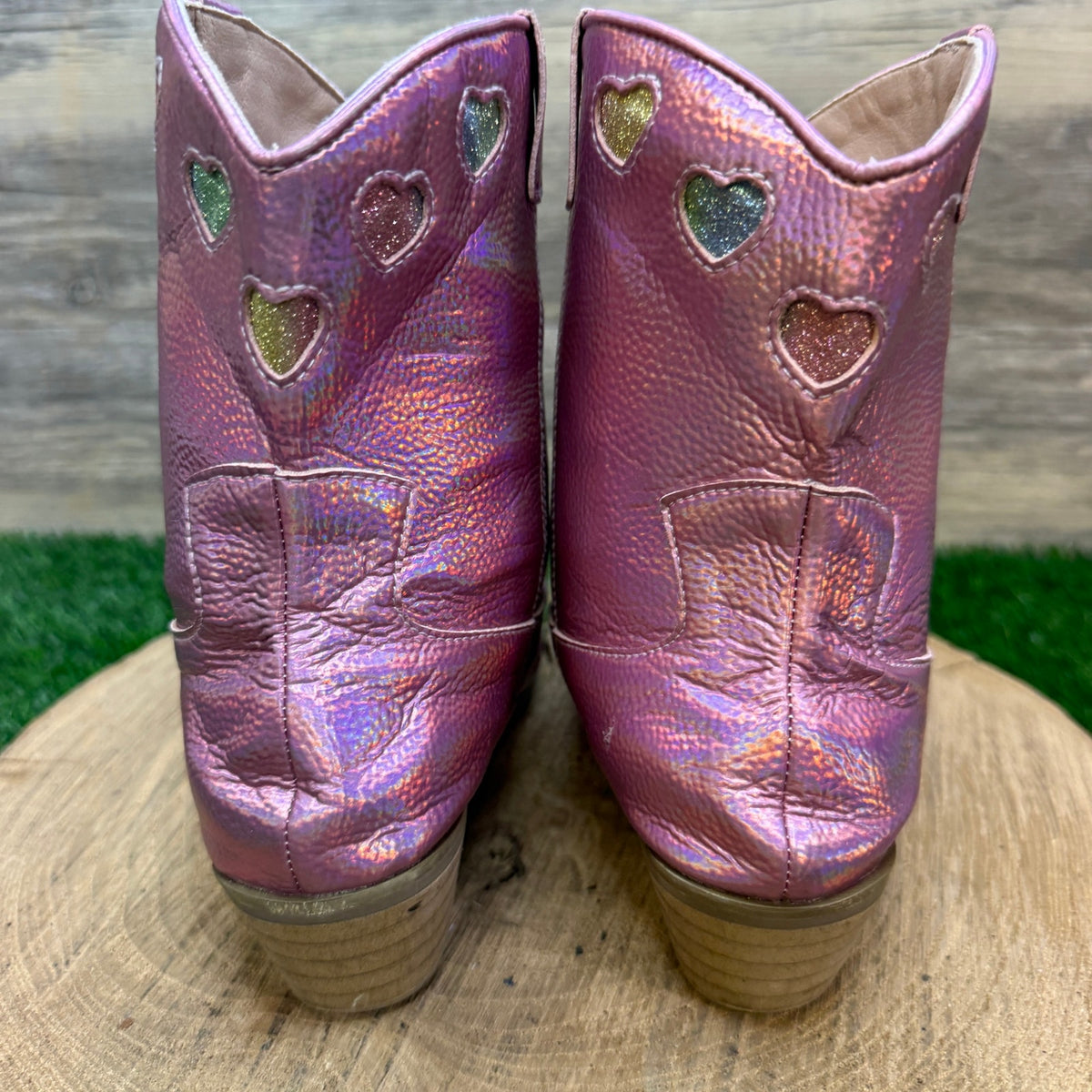 Lola Youth - Size 2.5 - Pink Glitter Heart Faux Leather Boots