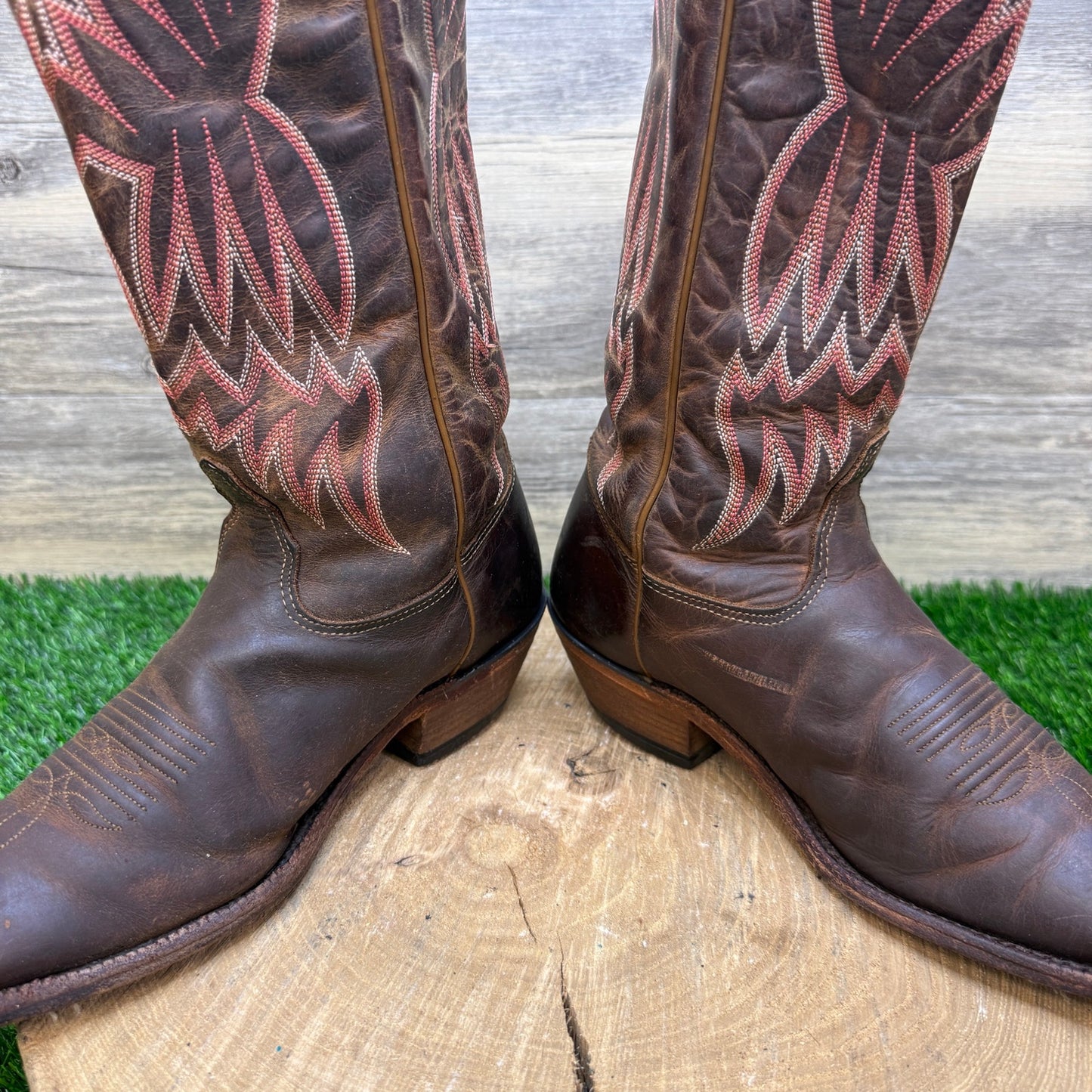 Tony Lama Women - Size 7B - Brown/Coral Square Toe Western Cowboy Boots 0218