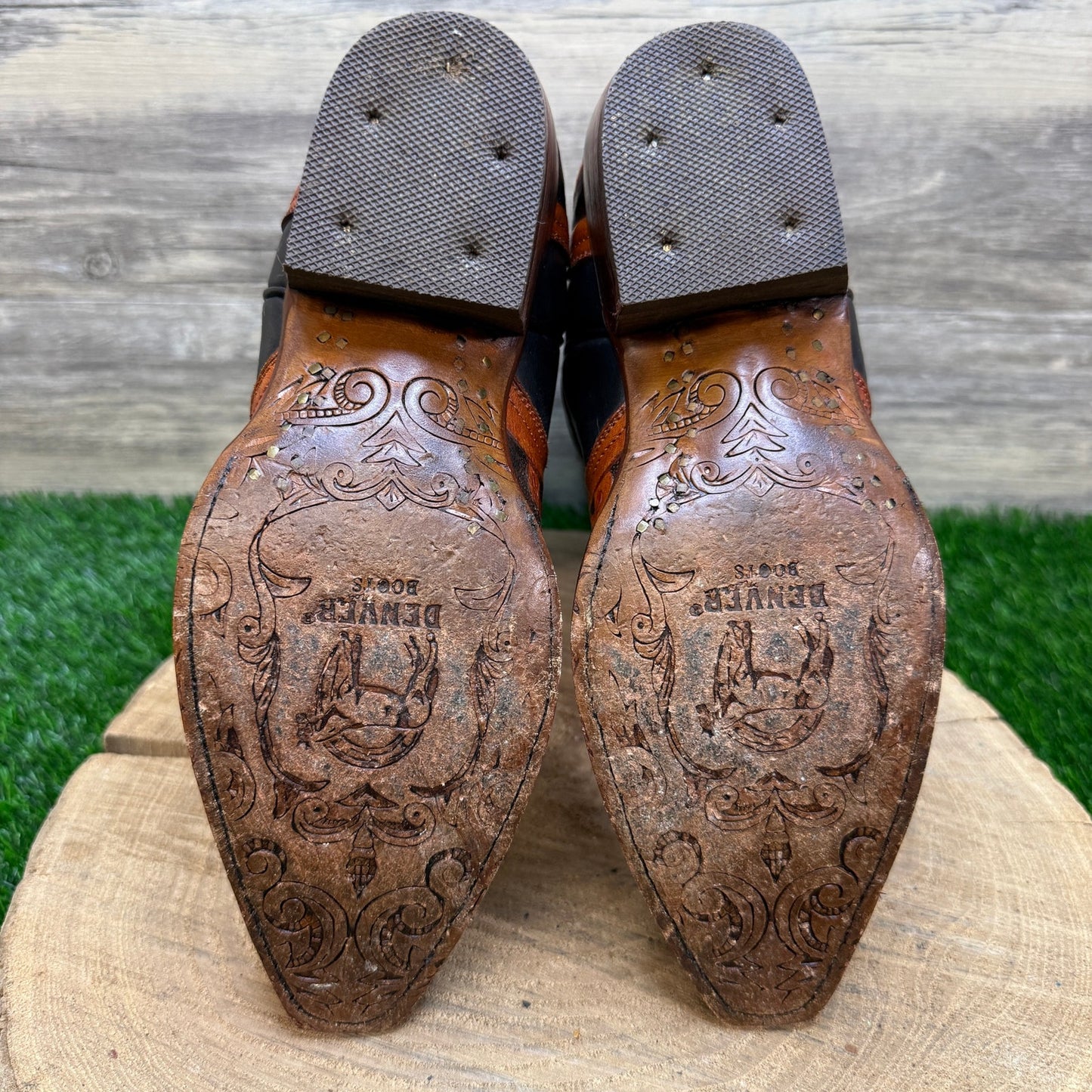 Denver Mountains Women - Size 7 - Black/Brown Hand Tooled Cowboy Boots L4074