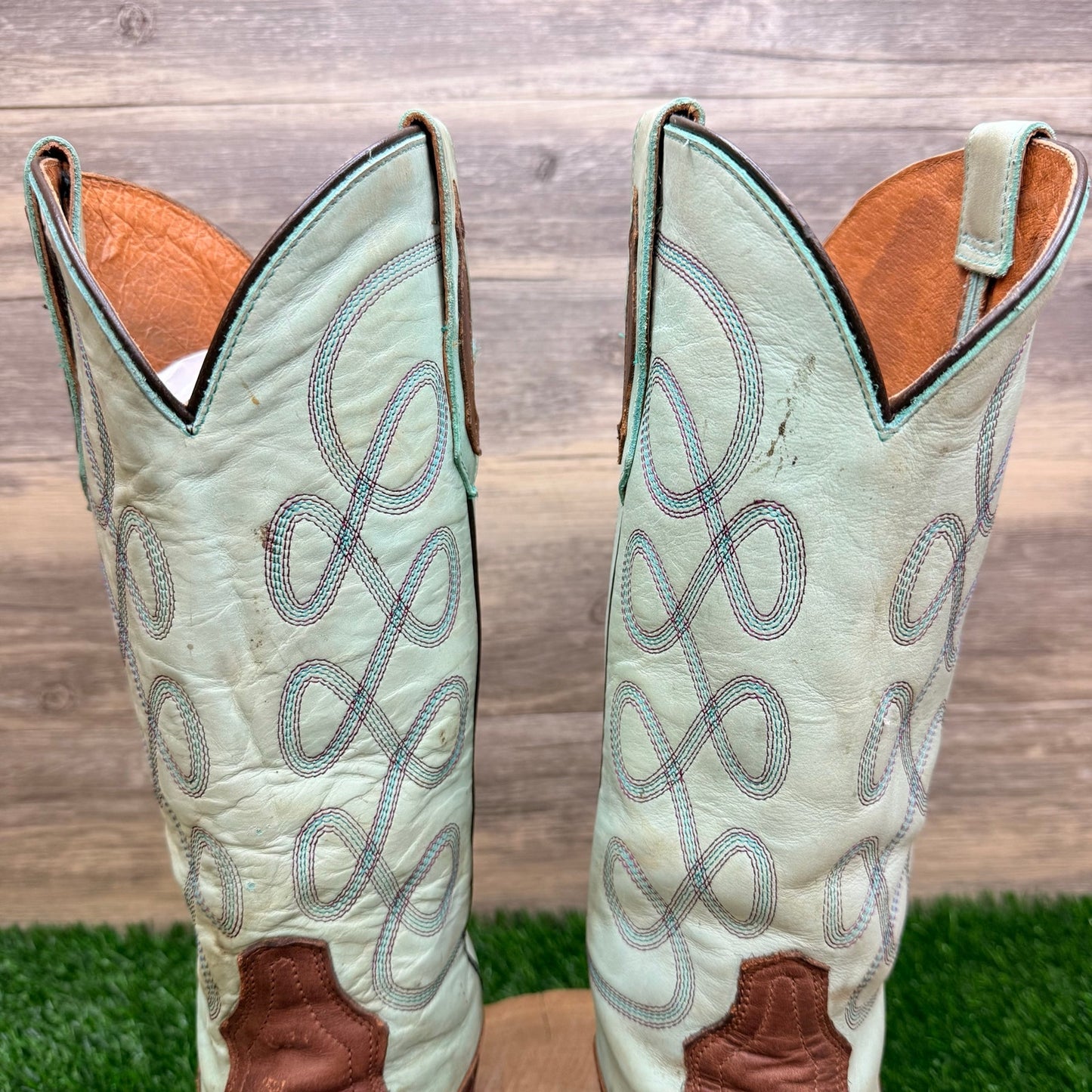 Tony Lama Women- Size 8.5B - Light Green / Brown Square Toe Cowboy Boots TL3201