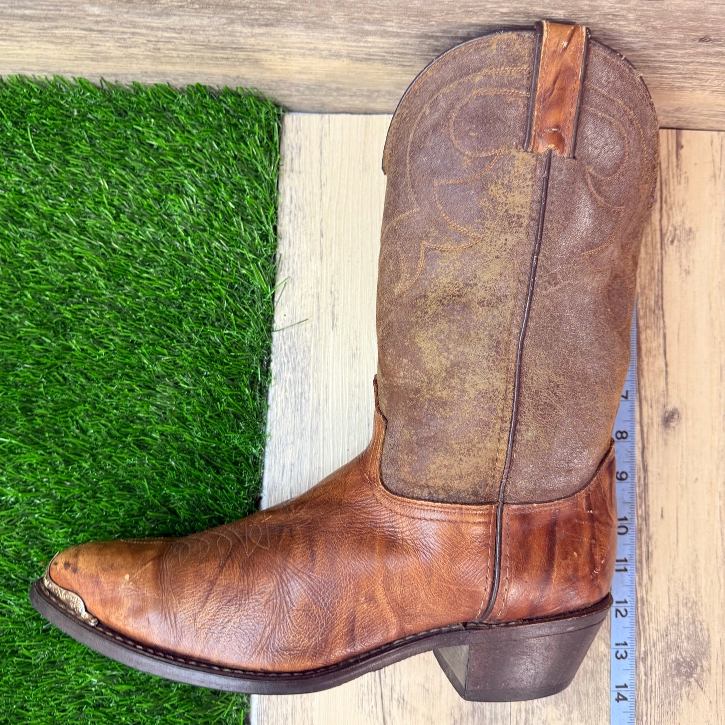 Durango Men - Size 10.5EE - Vintage Marbled Brown Toe Plate Cowboy Boots 15072