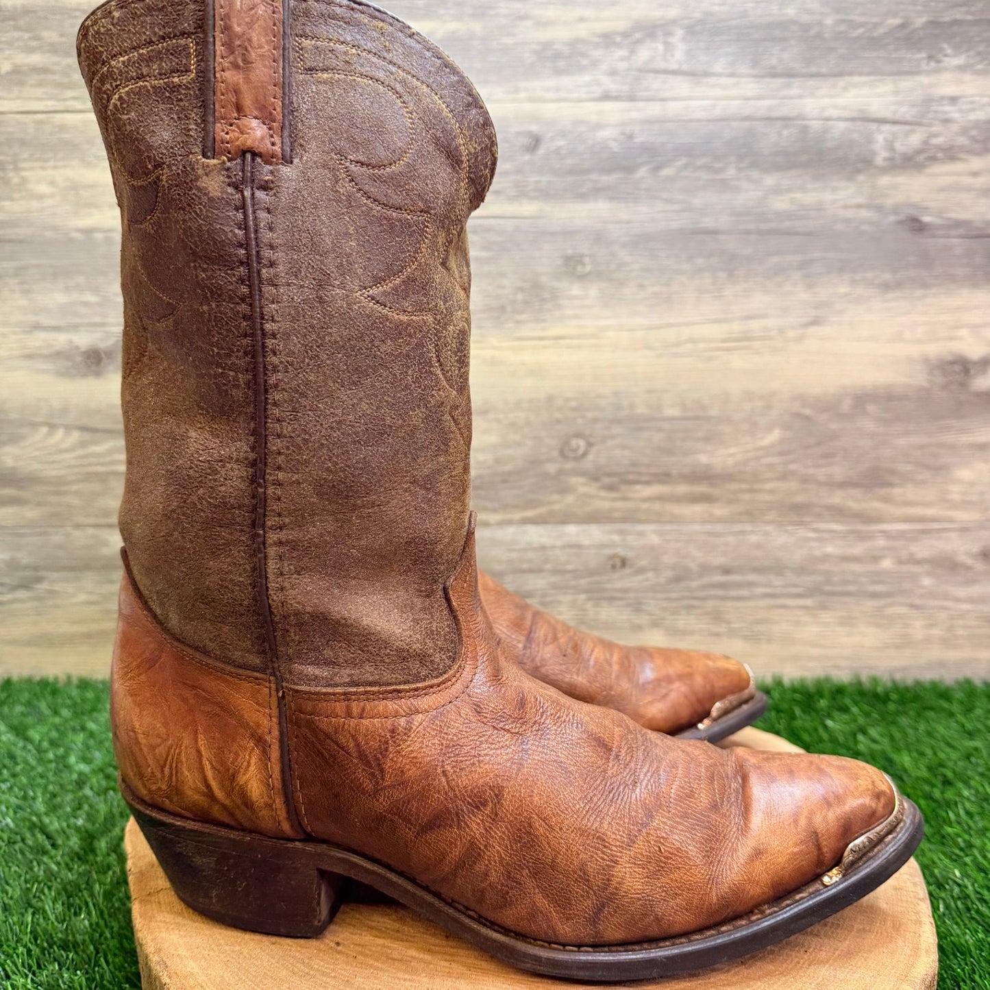 Durango Men - Size 10.5EE - Vintage Marbled Brown Toe Plate Cowboy Boots 15072