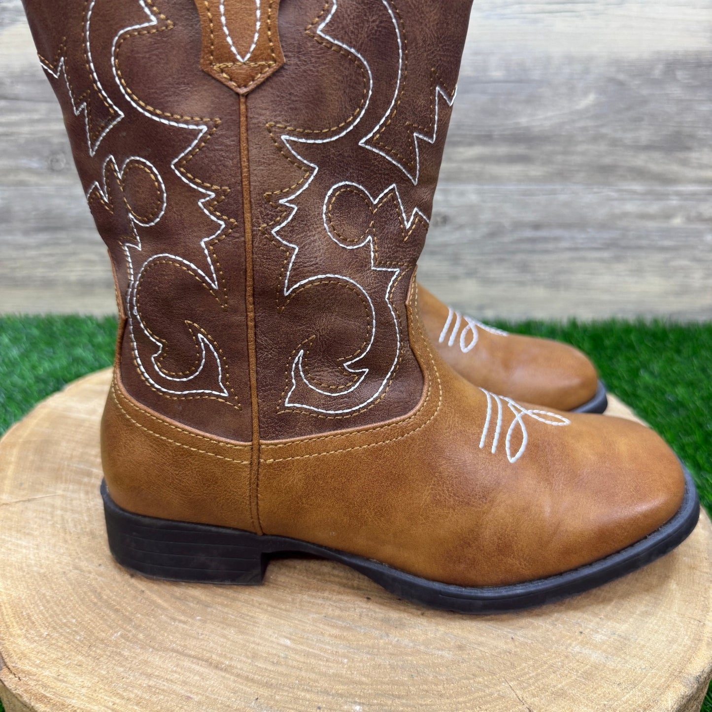 Wonder Nation Youth - Size 3 - Brown Faux Leather Square Toe Cowboy Boots 47083