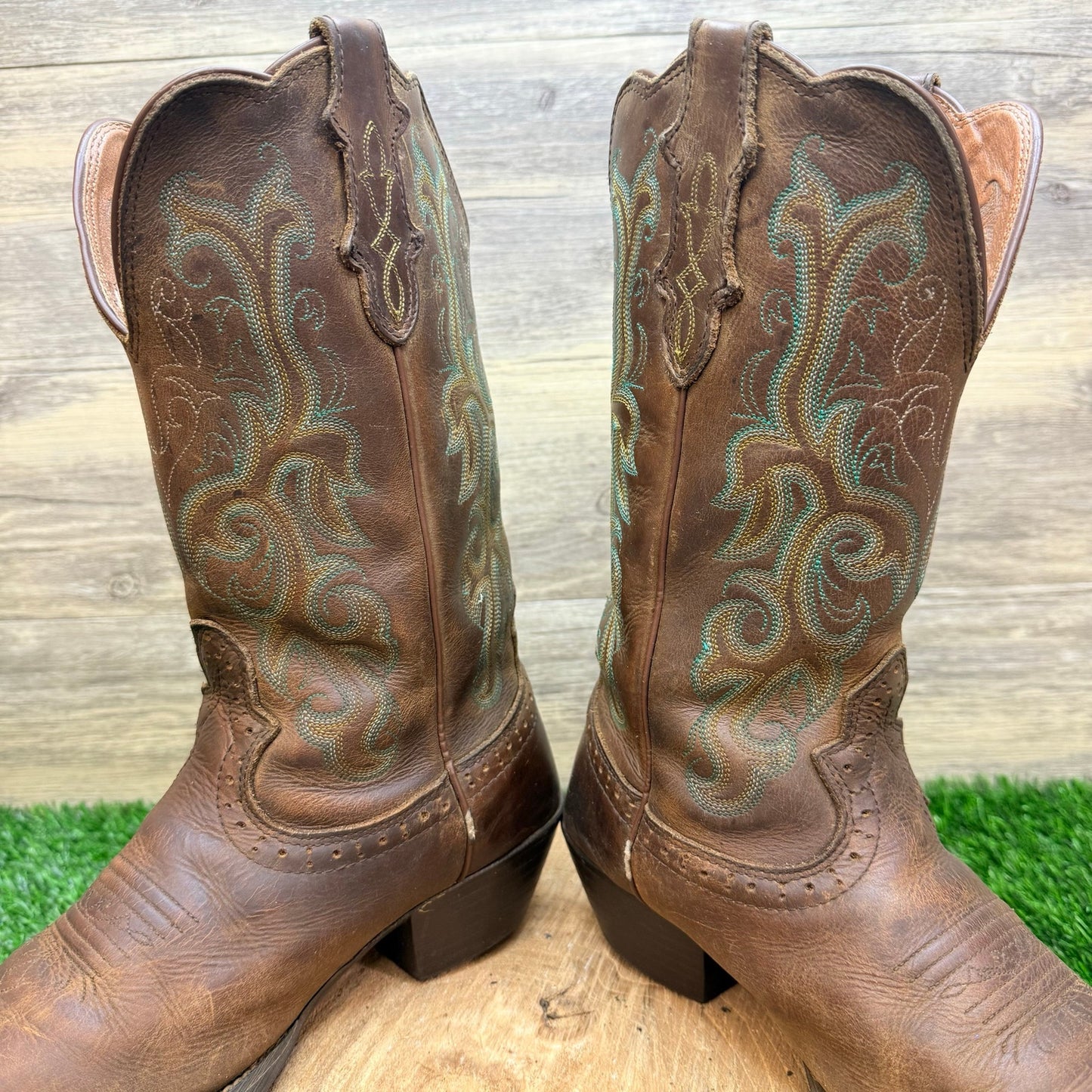 Justin Women - Size 6.5B - Brown / Green Stampede Square Cowboy Boots L2552