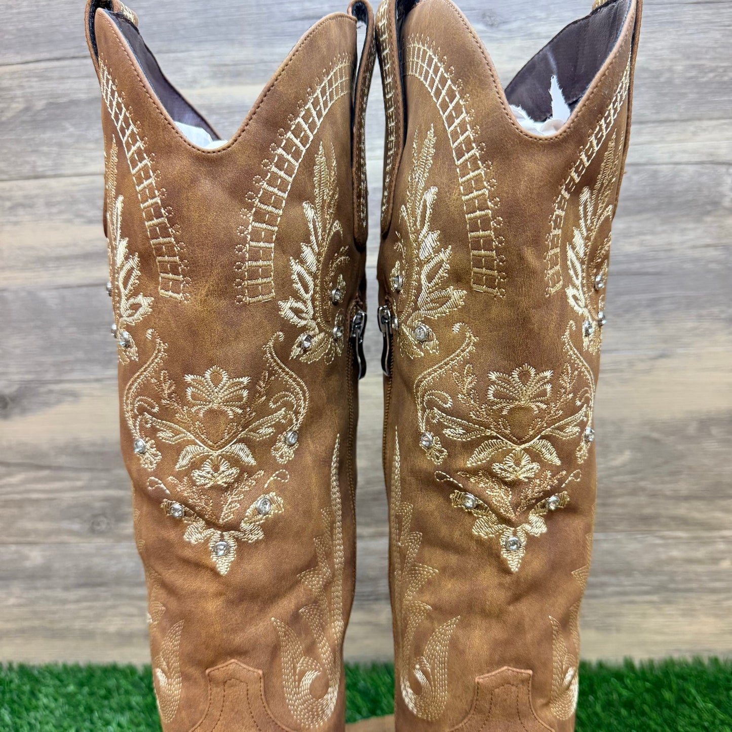 Unknown Women - Size 8.5 - Tan Jeweled Faux Suede Tall Cowboy Boots