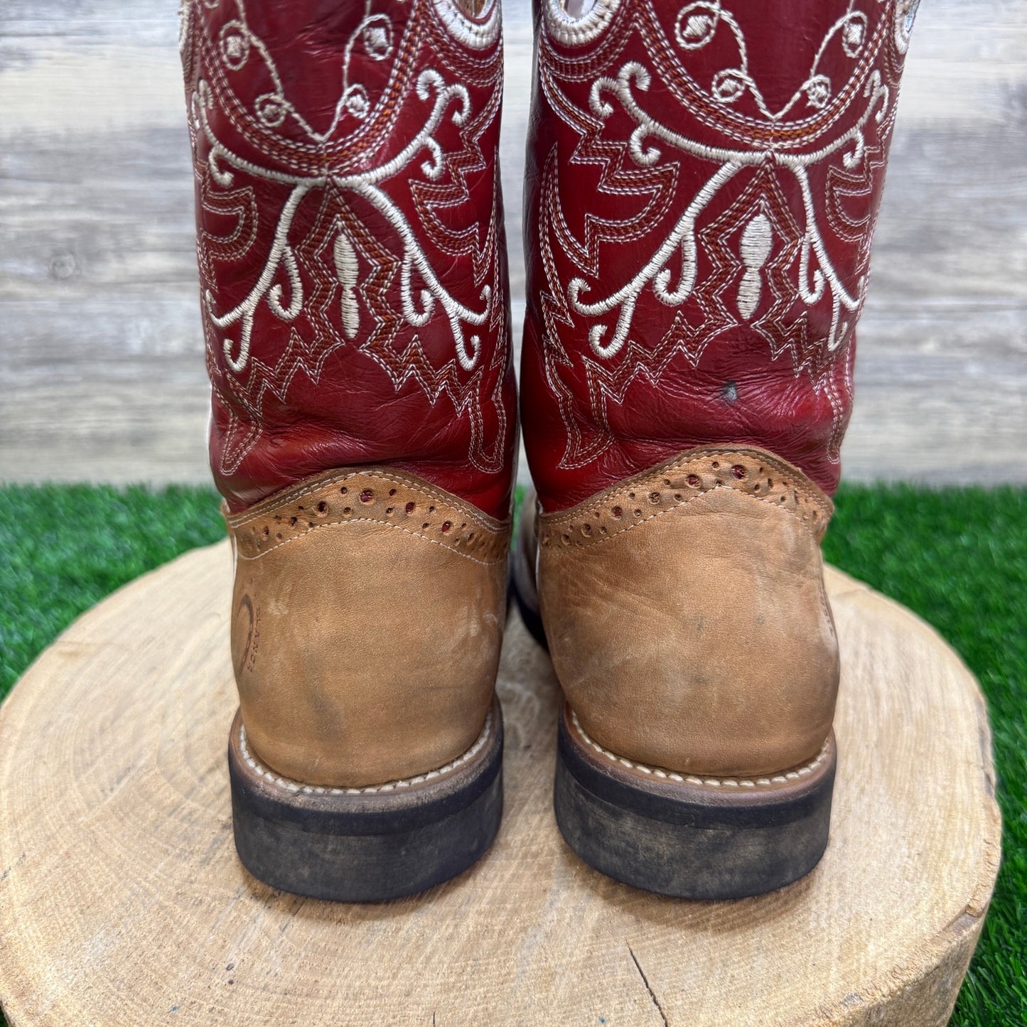 Tierra Blanca Youth - Size 4.5 - Tan/Red Square Toe Cowboy Boots Style 618