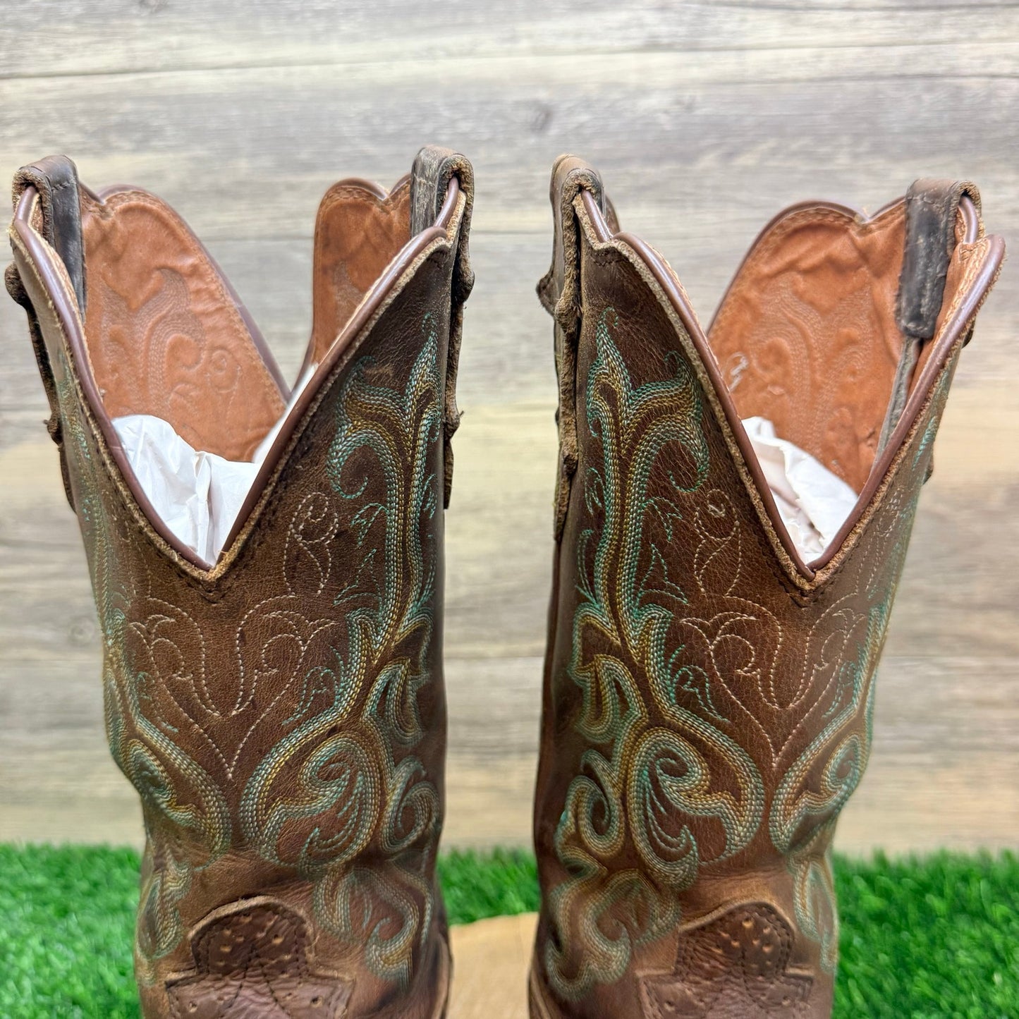 Justin Women - Size 6.5B - Brown / Green Stampede Square Cowboy Boots L2552