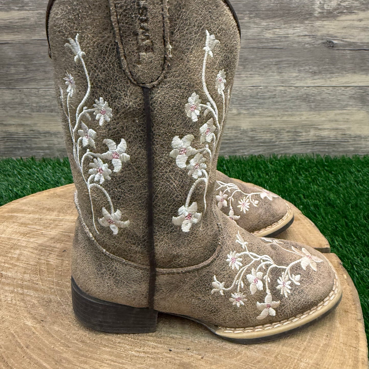 Twister Youth - Size 9 - Distressed Tan Floral Faux Leather Zipper Cowboy Boots