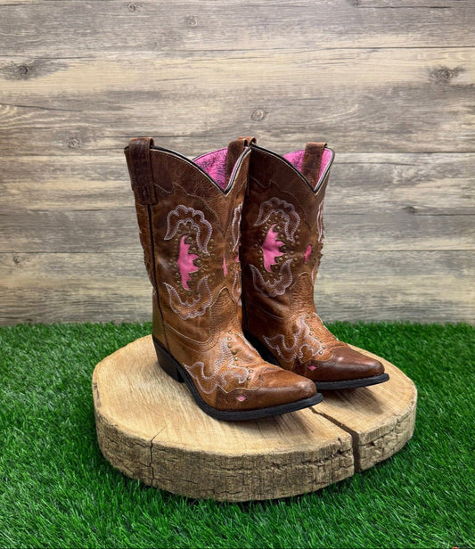 Smoky Mountain Youth - Size 2.5R - Tan/Pink Studded Cowboy Boots Style 3866C