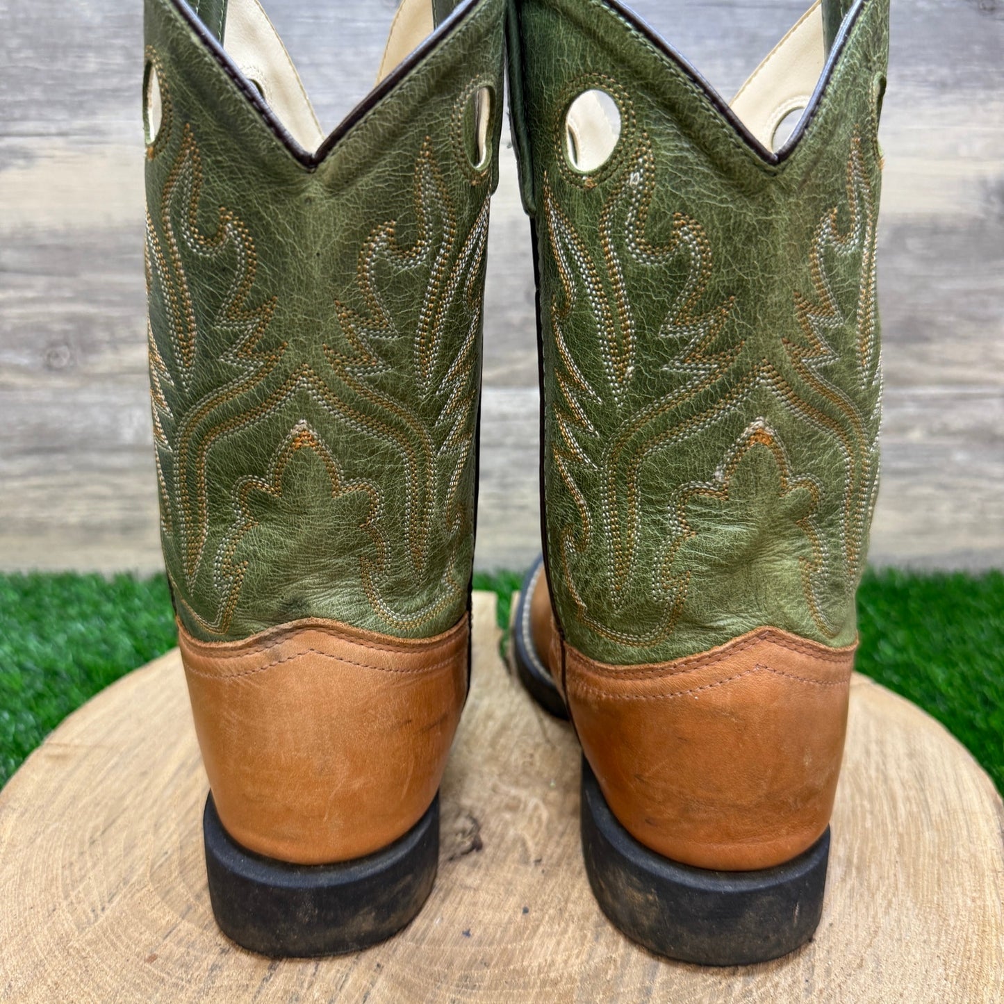 Old West Youth - Size 3D - Tan/Green Cowboy Boots Style CW2554