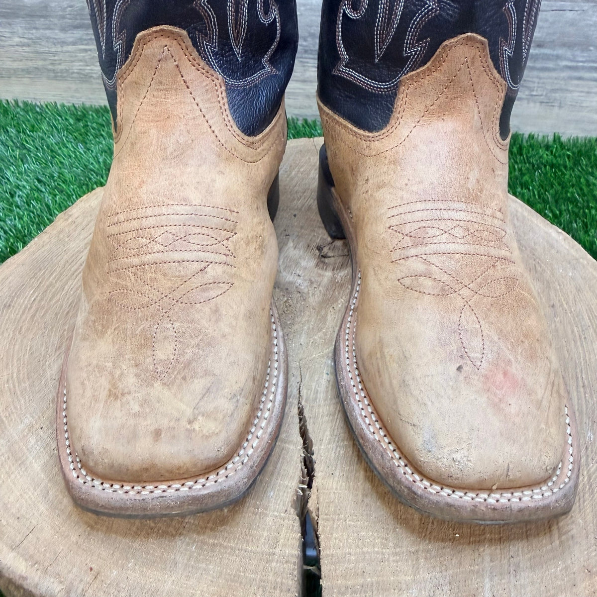Old West Youth - Size 4.5D - Black / Tan Square Western Cowboy Boots BSY1814