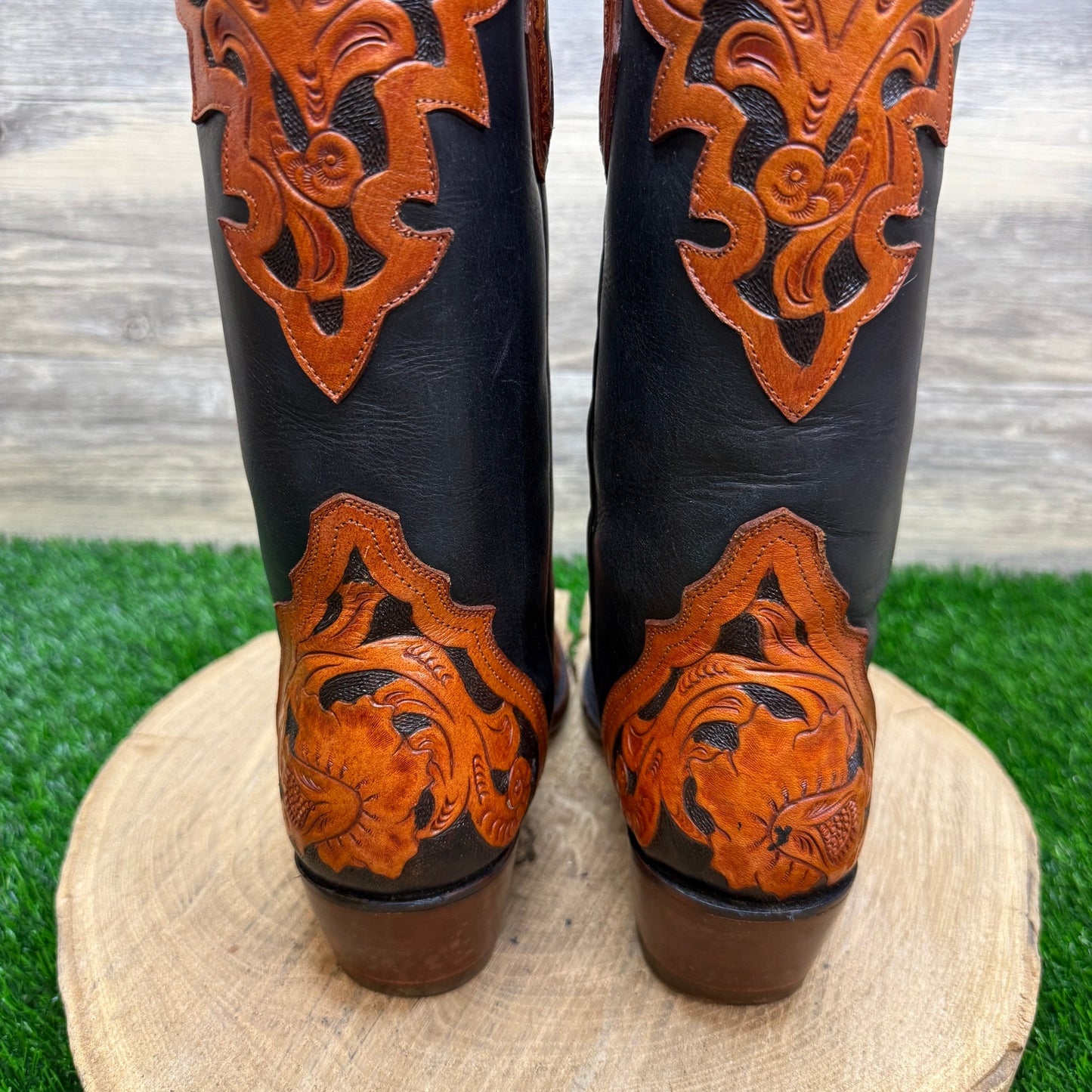 Denver Mountains Women - Size 7 - Black/Brown Hand Tooled Cowboy Boots L4074