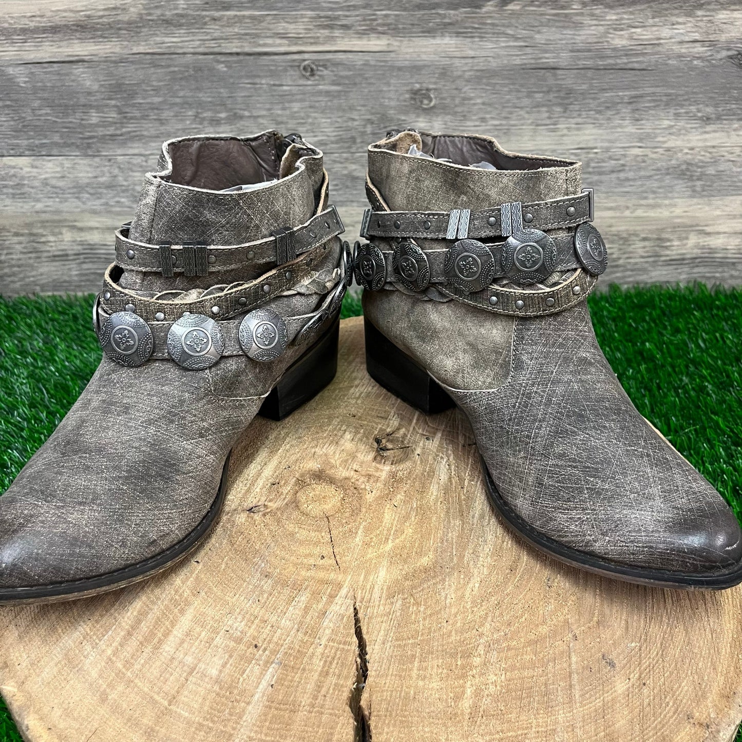 Naughty Monkey Women - Size 8.5 - Distressed Taupe Harness Ankle Boots