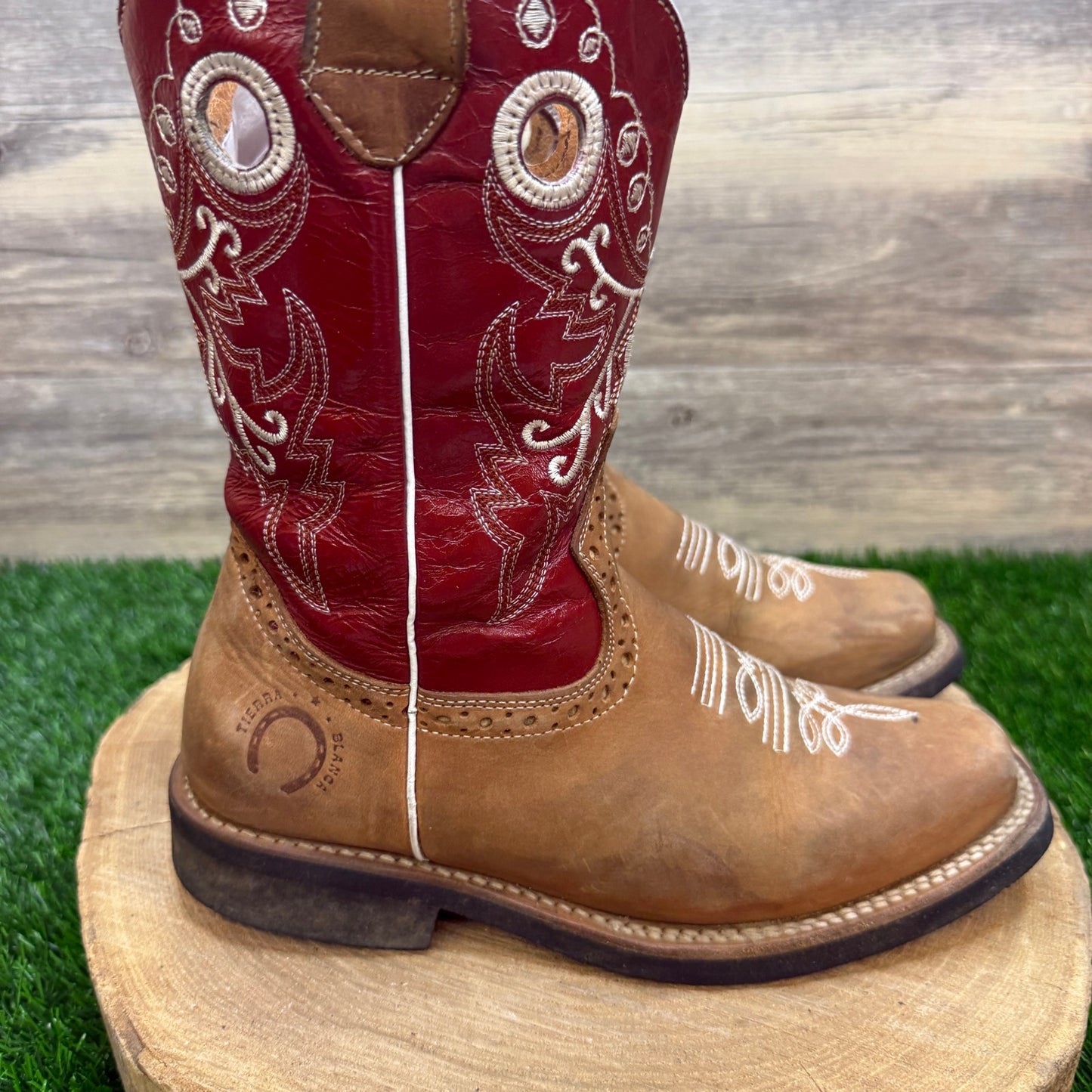 Tierra Blanca Youth - Size 4.5 - Tan/Red Square Toe Cowboy Boots Style 618