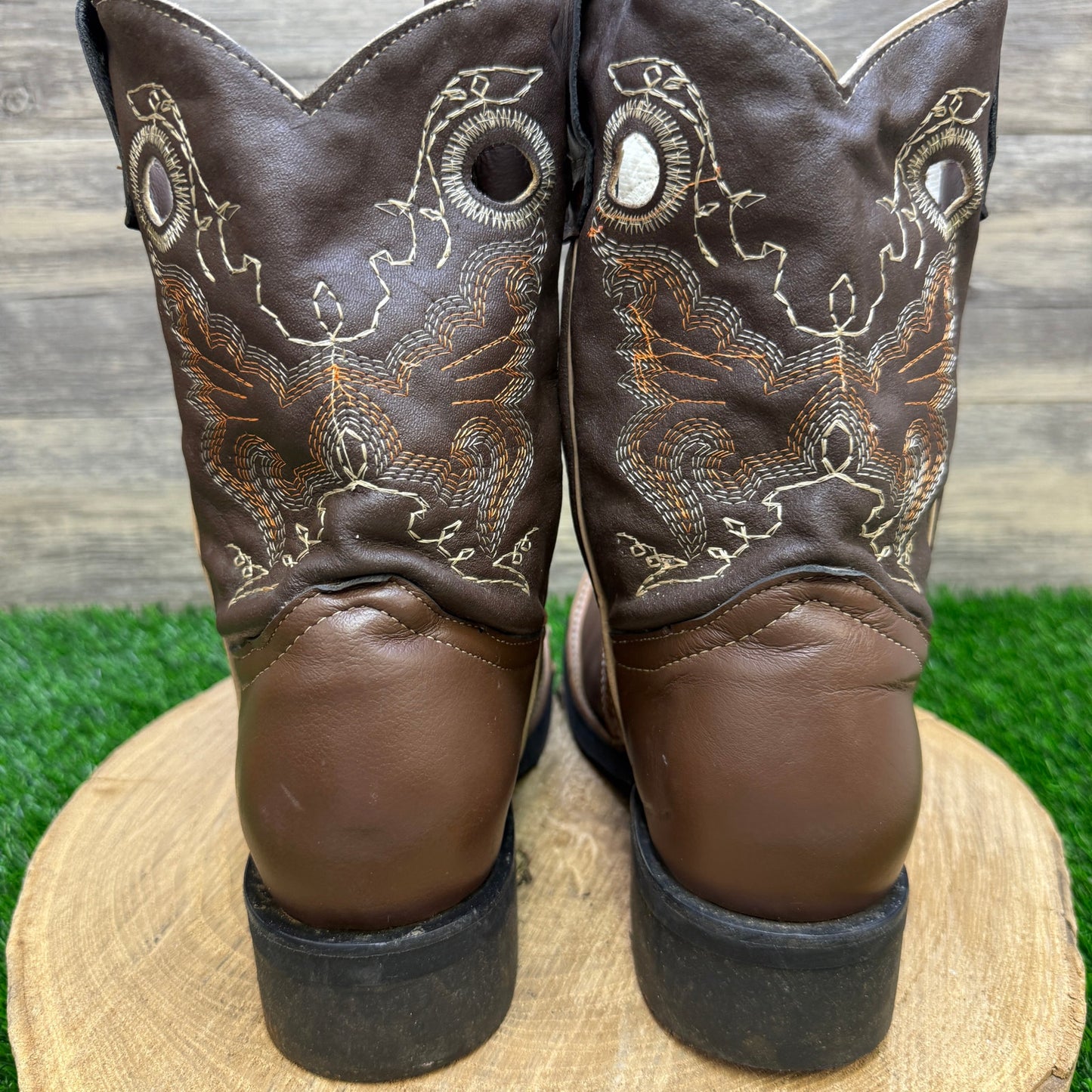 JJ Diher Youth - Size 6 - Brown/Tan Faux Leather Square Toe Cowboy Boots