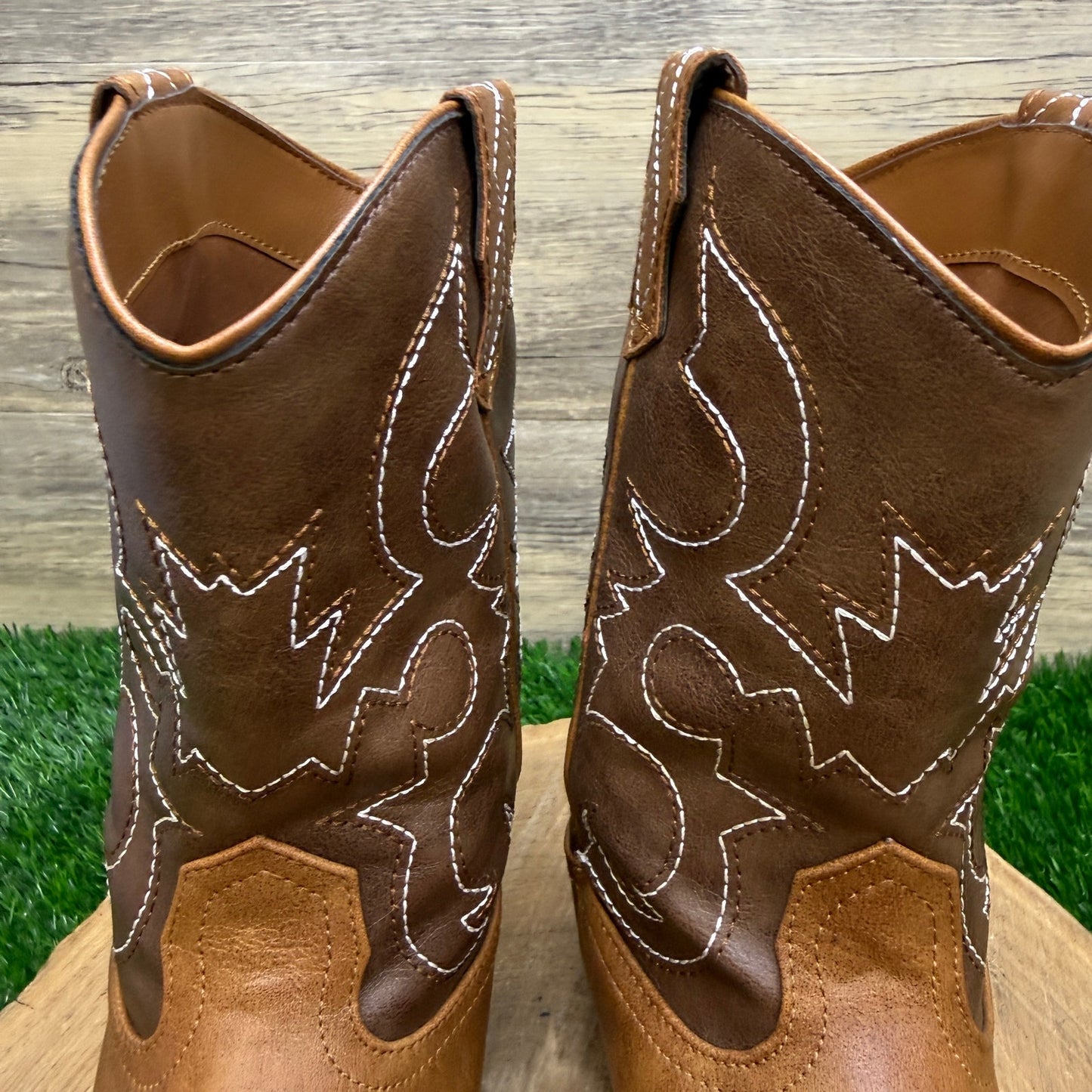 Wonder Nation Youth - Size 3 - Brown Square Toe Faux Leather Cowboy Boots 17751