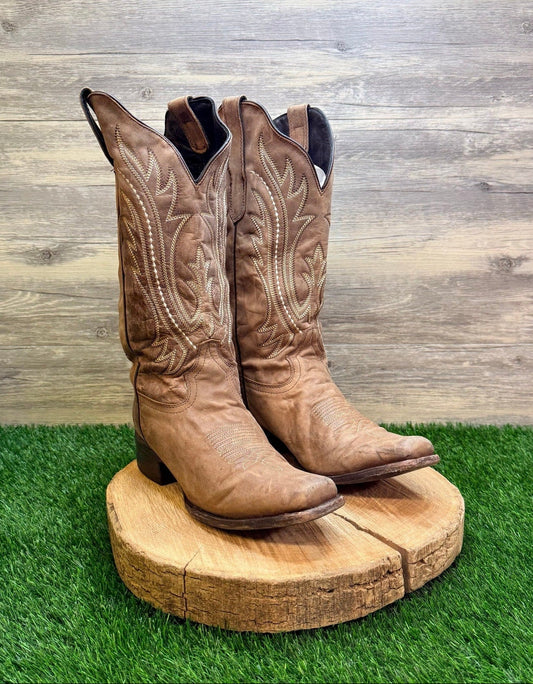 JB Dillon Women - Size 10B - Tan Feather Square Toe Cowboy Boots BRO2404
