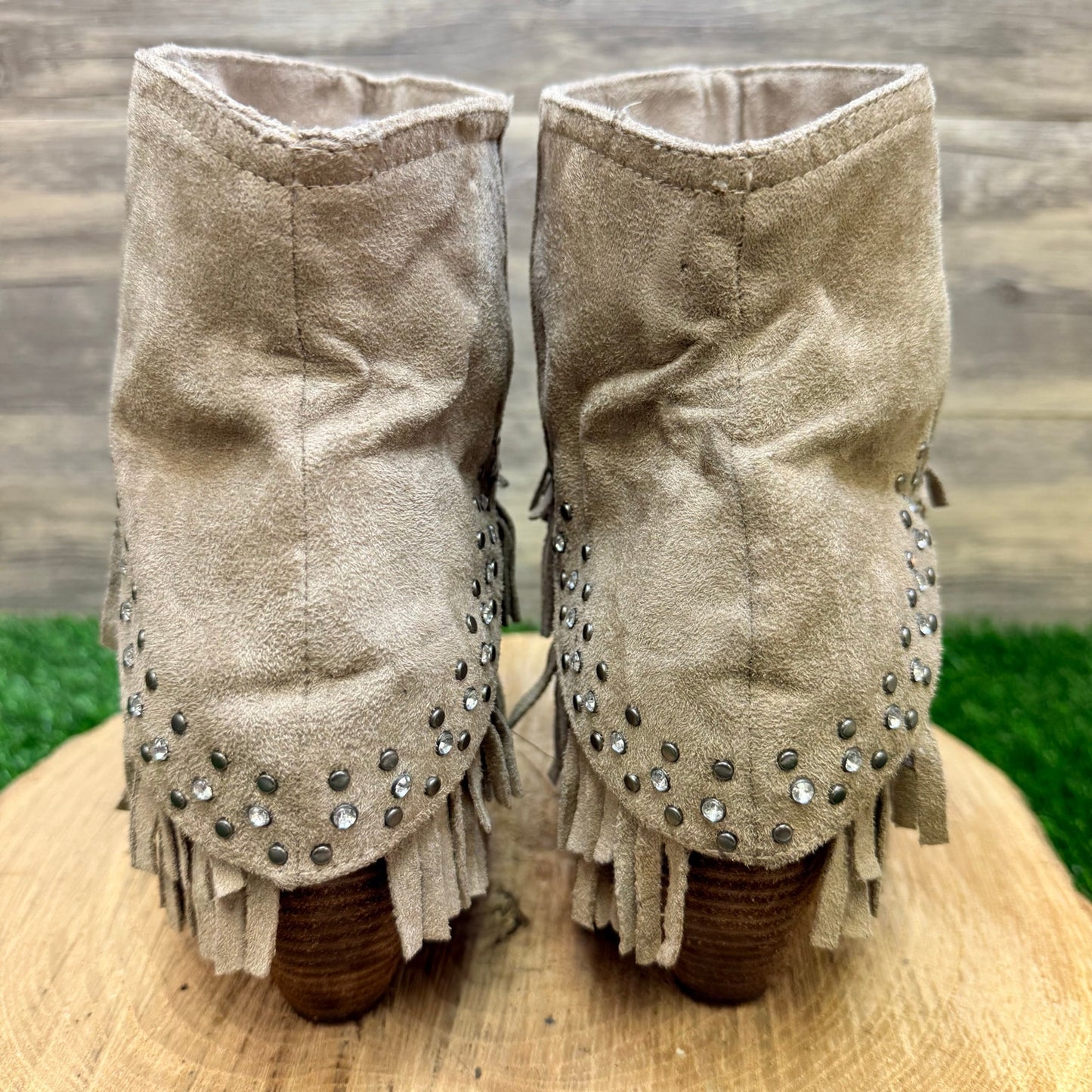 Not Rated Women - Size 8 - Tan Fringe Studded Faux Suede Boots 277