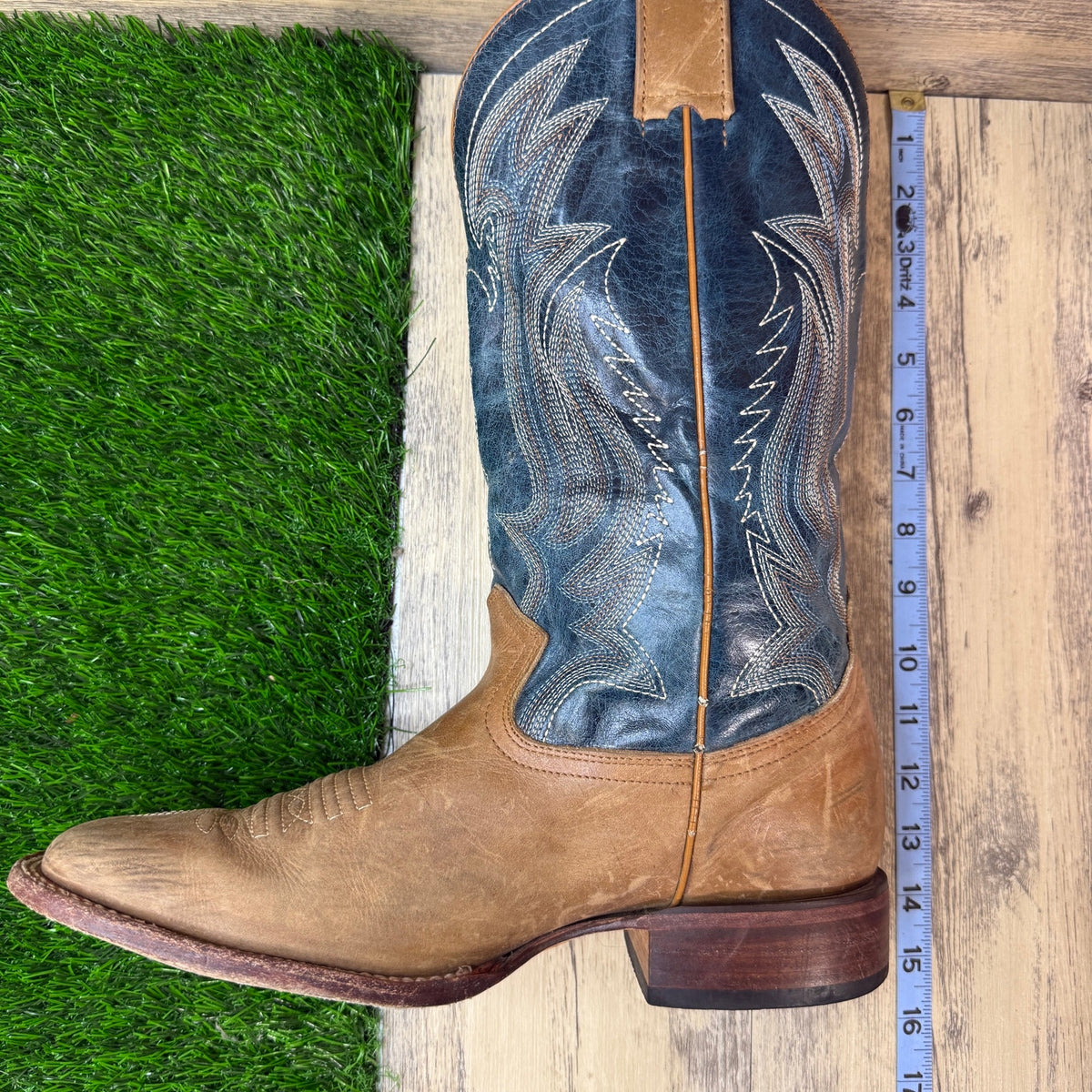 JB Dillon Men - Size 12B - Tan/Blue Flame Square Toe Cowboy Boots Style JBR2111