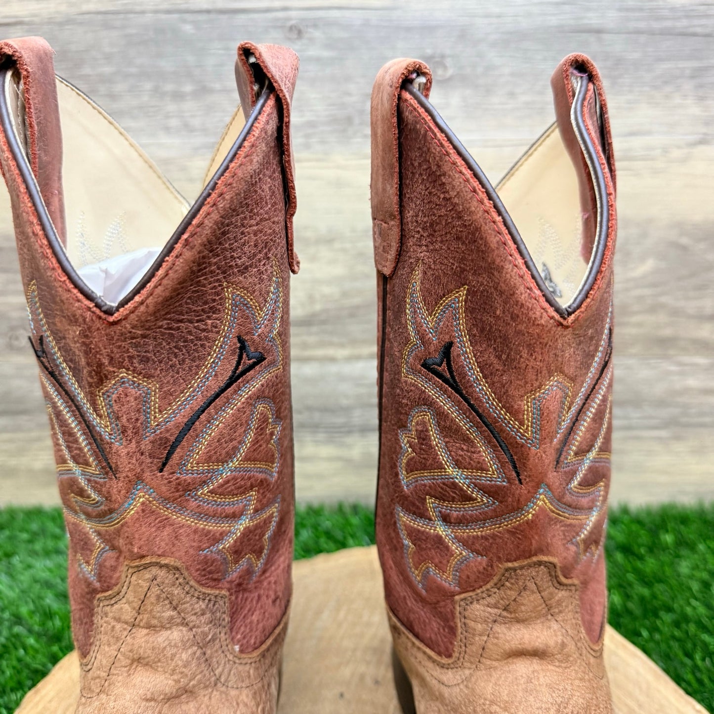 Old West Youth - Size 2D - Brown / Red Square Toe Western Cowboy Boots BSC1912