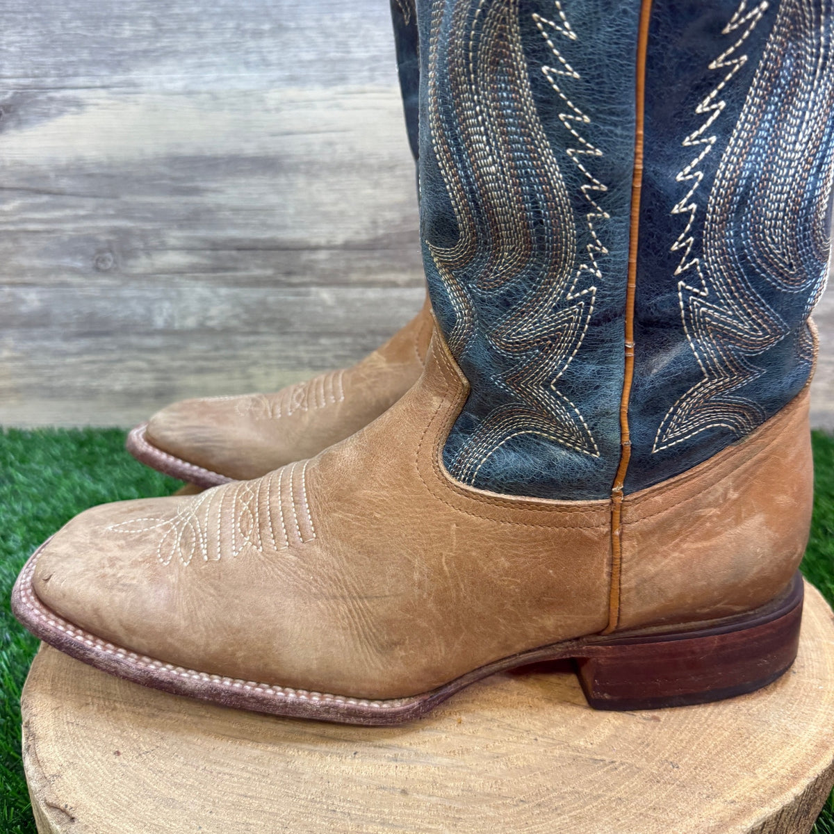 JB Dillon Men - Size 12B - Tan/Blue Flame Square Toe Cowboy Boots Style JBR2111
