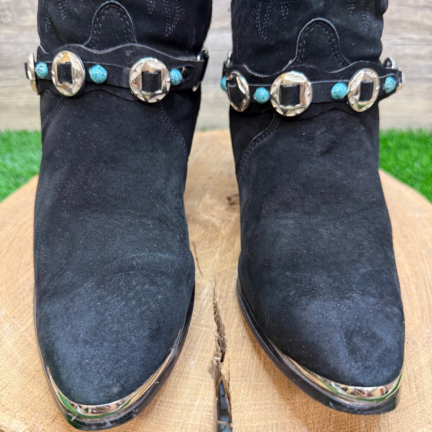 Dingo Women - Size 8.5M - Vintage Black Suede Harness Cowboy Boots DI541