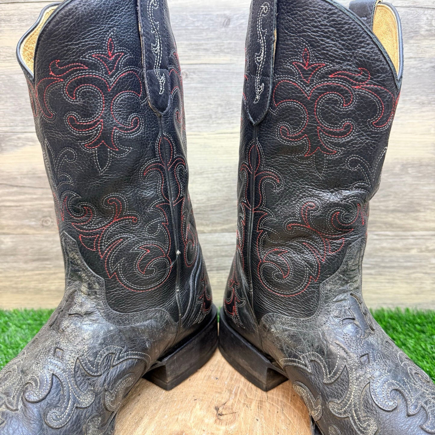 JB Dillon Men - Size 11EE - Black / Red Scroll Square Toy Cowboy Boots JBM2013