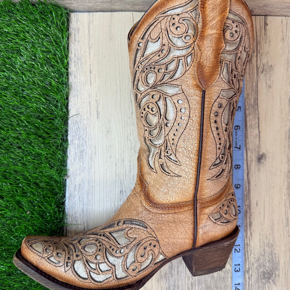 Corral Teen Youth - Size 5 - Beige / Gold Inlay Western Cowboy Boots 0080