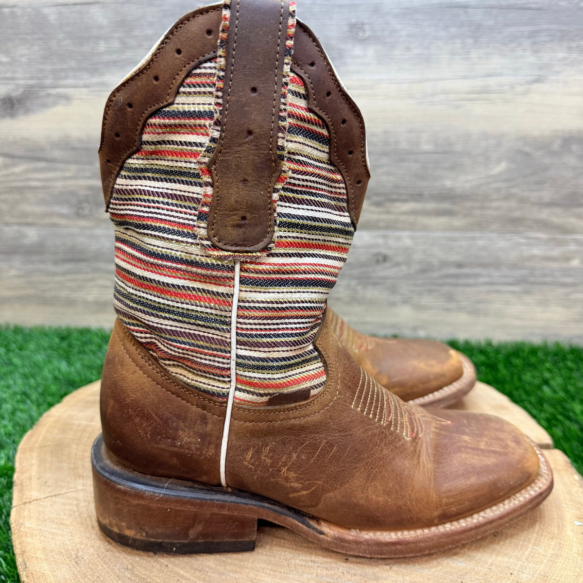 Double R Youth - Size 1.5 - Brown Striped Square Toe Cowboy Boots