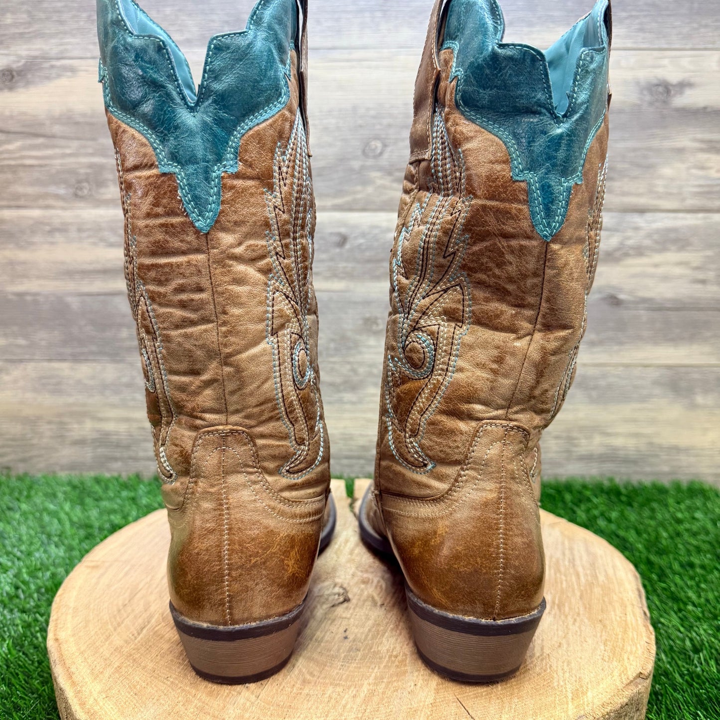 Coconuts Women - Size 6.5M - Tan / Turquoise Soft Faux Cowboy Boots Cimmaron