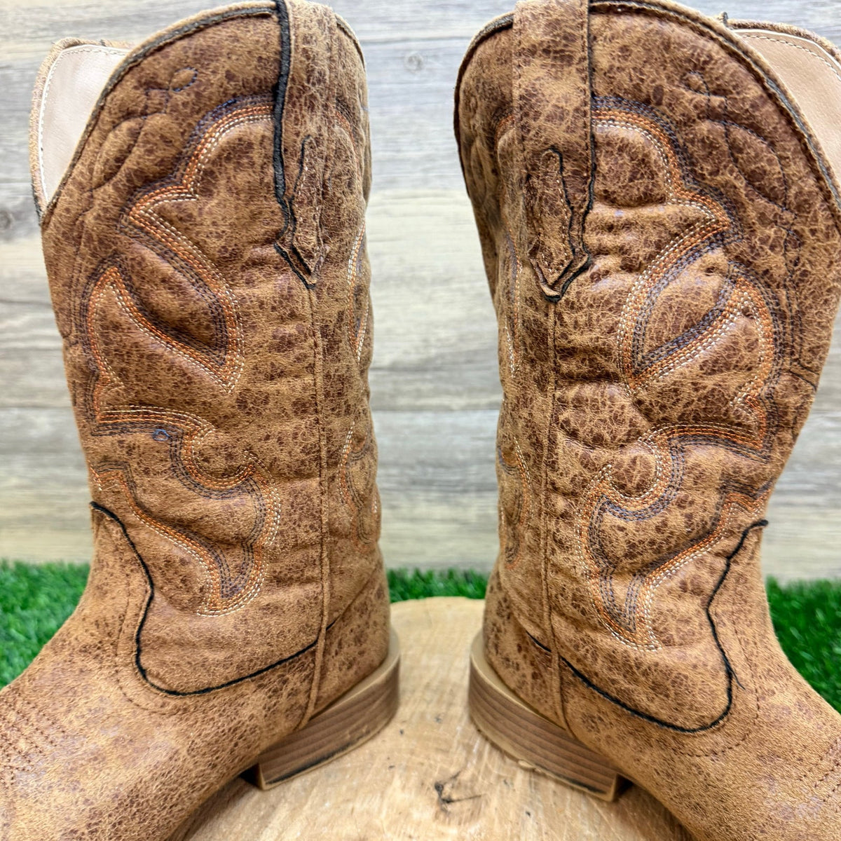 Roper Youth - Size 6 - Distressed Tan Faux Square Western Cowboy Boots