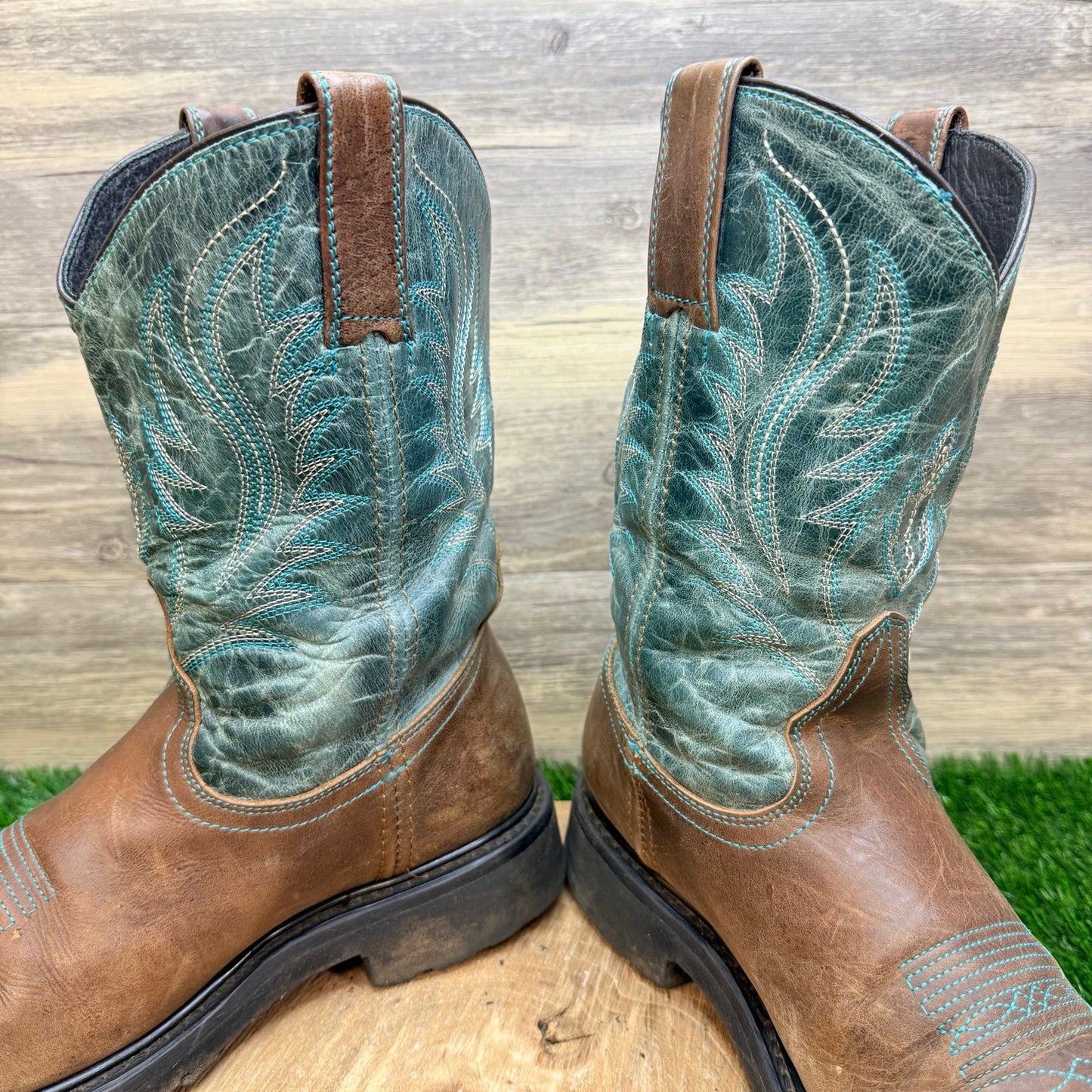 JB Dillon Men - Size 9D - Brown/Green Square Toe Western Cowboy Boots JBR1115D
