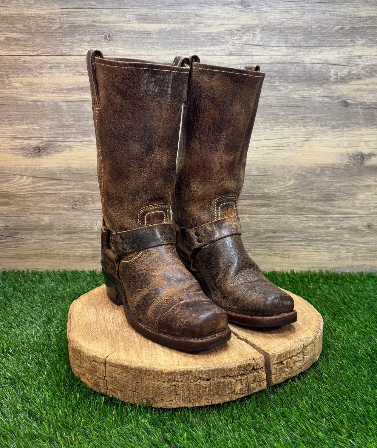 Frye Women - Size 8.5 - Distressed Brown Harness Square Toe Boots