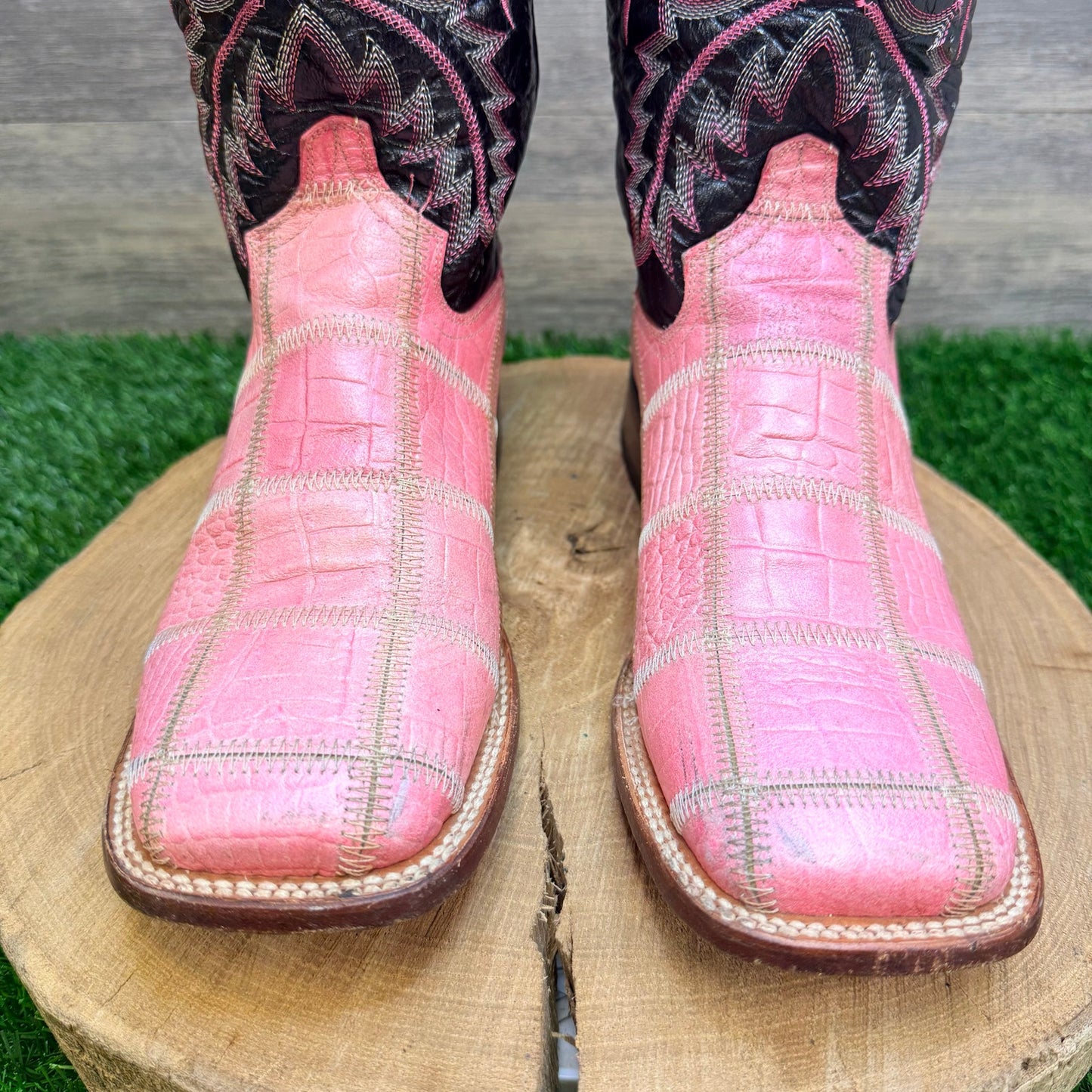 Ferrini Women - Size 10B - Black / Pink Patchwork Square Toe Cowboy Boots