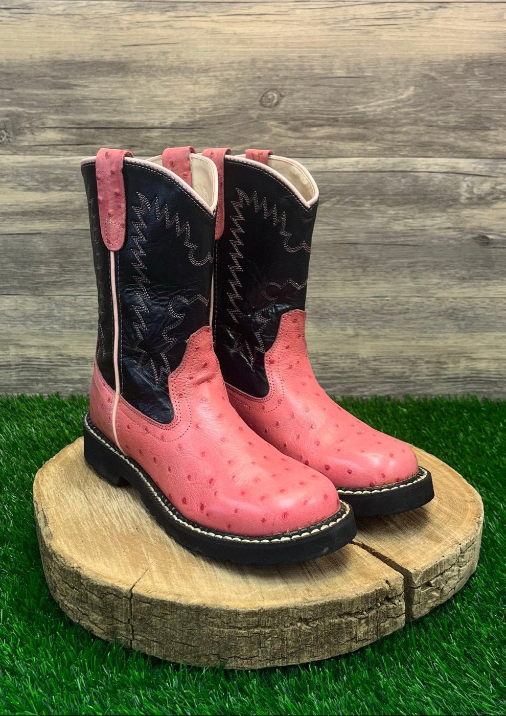 Old West Youth - Size 6 - Pink/Black Ostrich Print Round Toe Cowboy Boots 1219Y