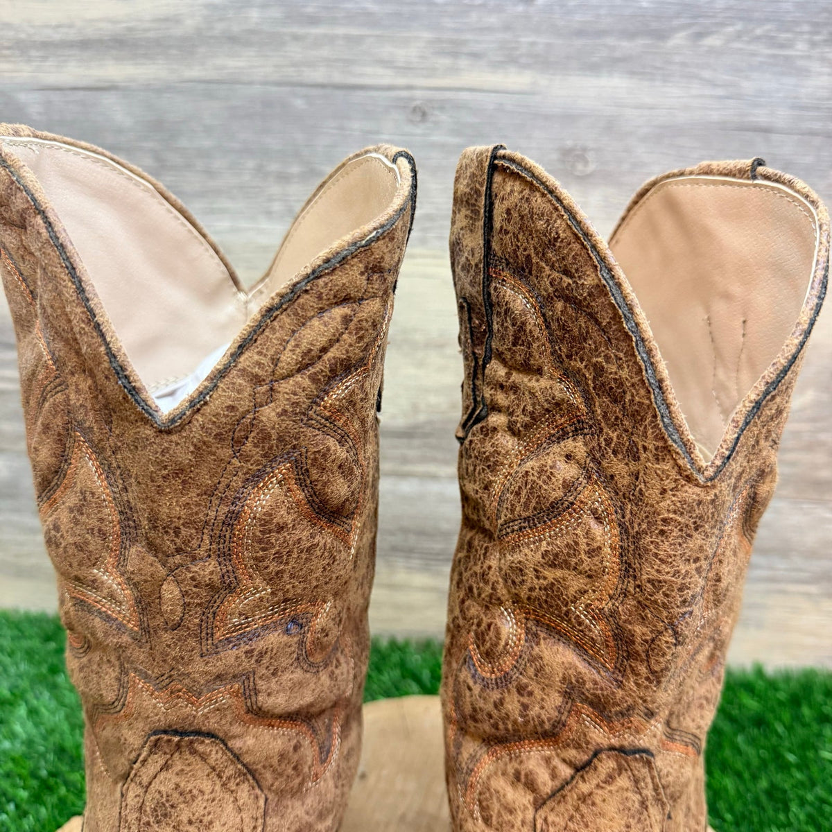 Roper Youth - Size 6 - Distressed Tan Faux Square Western Cowboy Boots