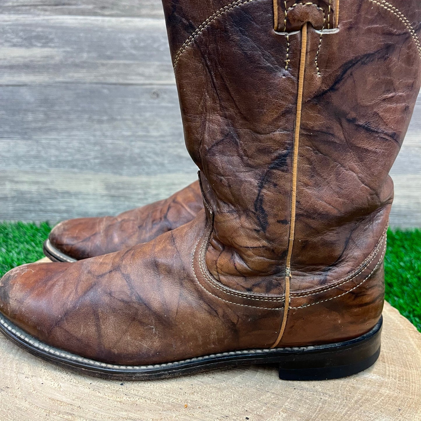 Justin Men - Size 8B - Vintage Marbled Brown Roper Cowboy Boots Style L3163